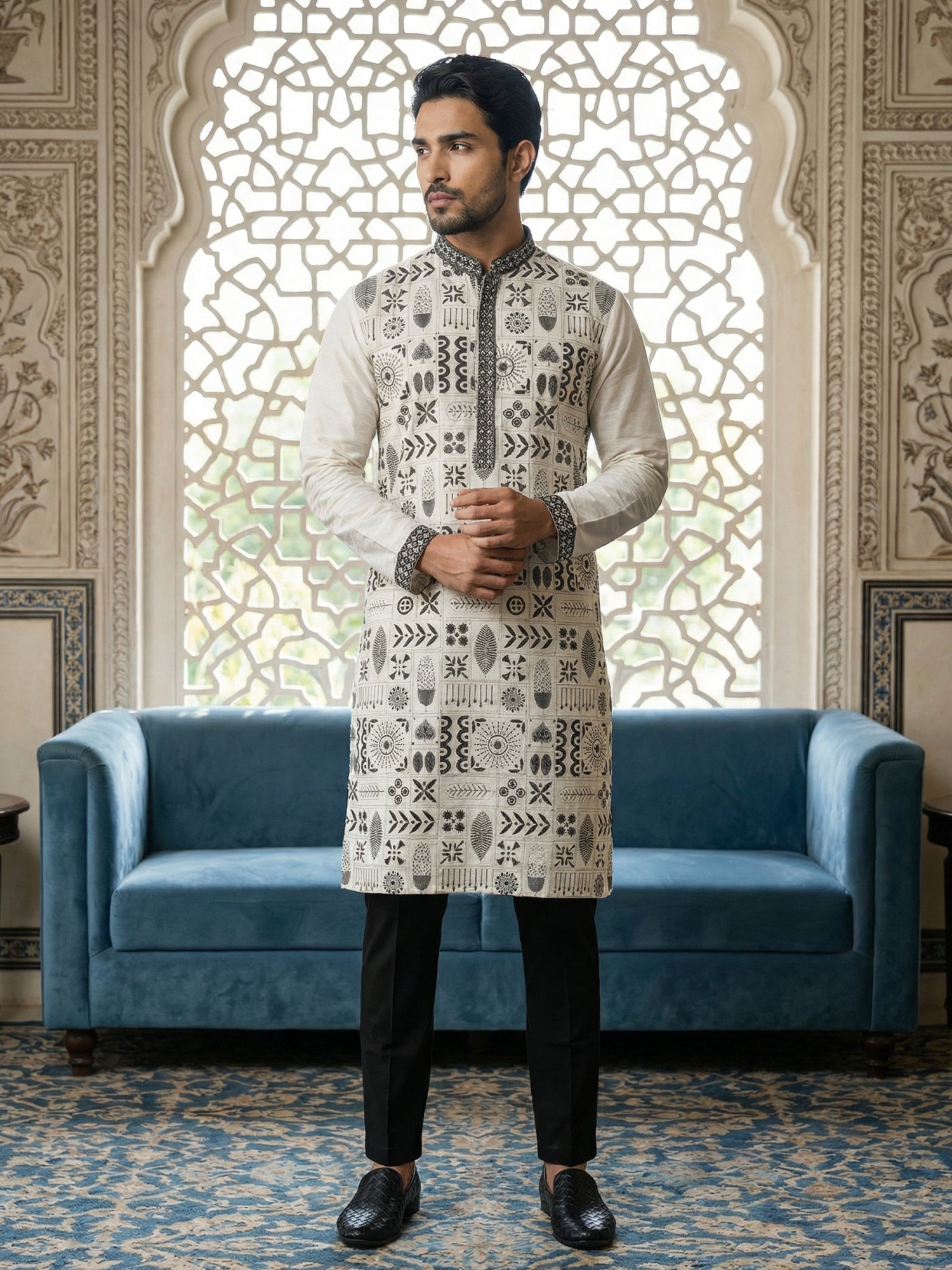 DesiQlo Men Embroidered Kurta Pyjama Set - White - JOKP_B-P_5325White_