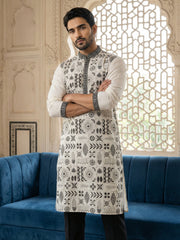 Silk Blend Embroidered Kurta Pyjama Set ( JOKP B-P 5325White )
