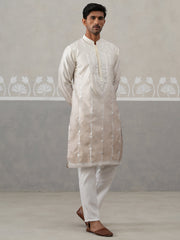 Silk Blend Mirror Work Kurta Pyjama Set ( JOKP P 5327Beige ) [FF] [B-1-2]