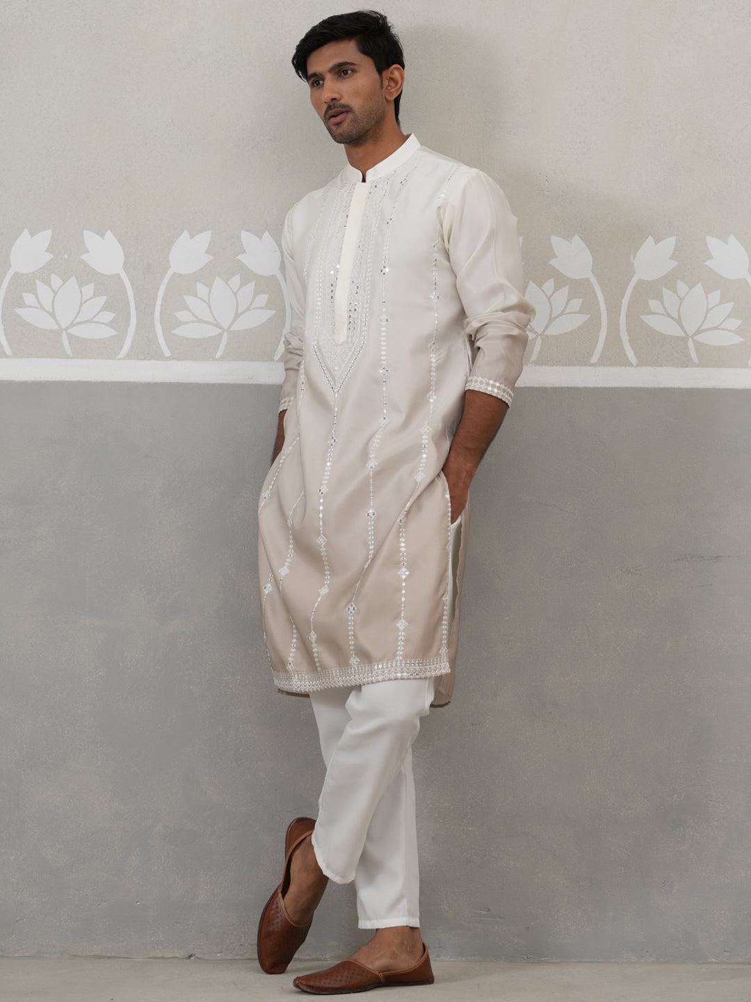 DesiQlo Men Embroidered Kurta Pyjama Set - Beige - JOKP_P_5327Beige_S