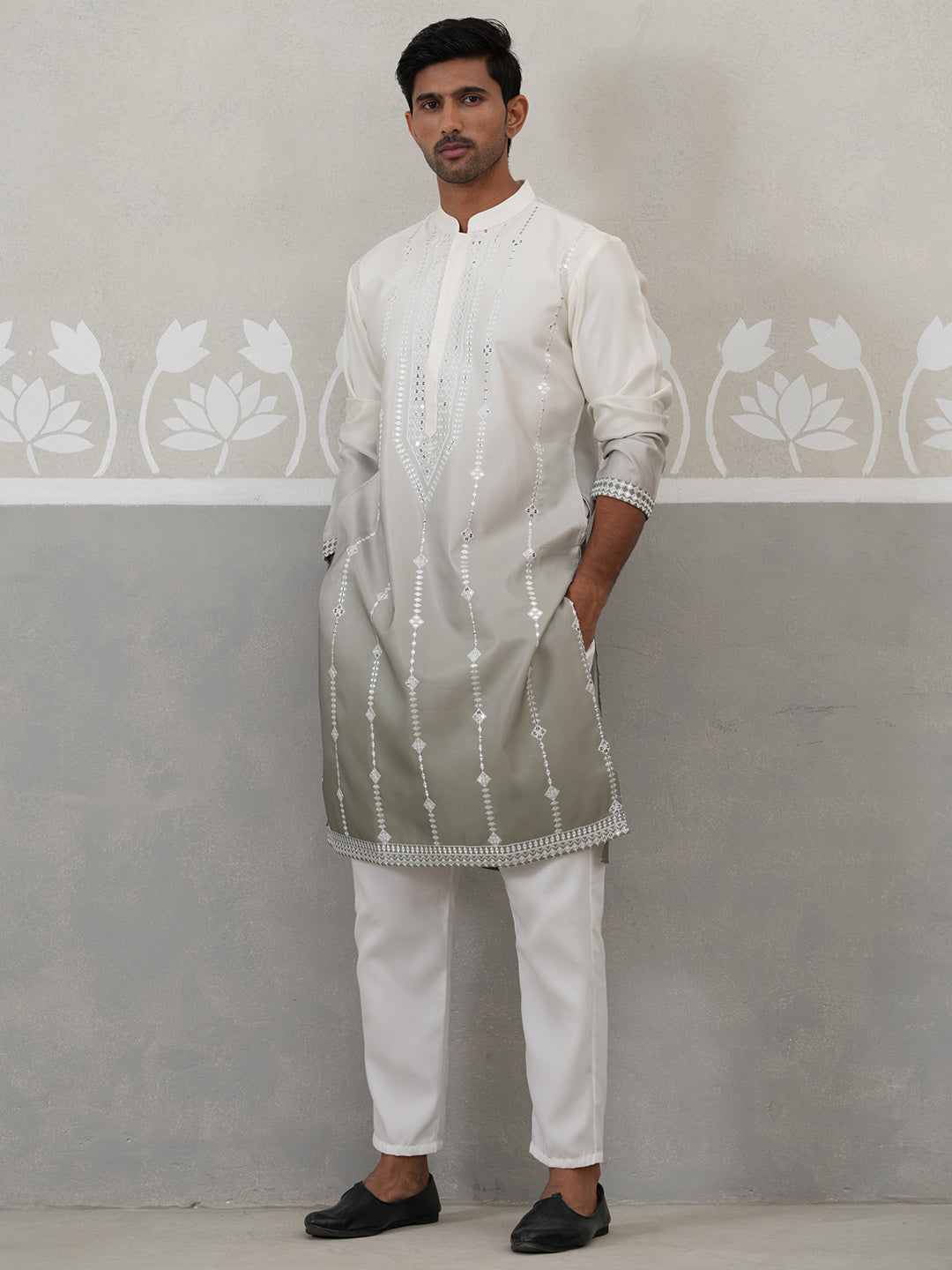 Silk Blend Mirror Work Kurta Pyjama Set ( JOKP P 5327Grey ) [FF] [B-1-2]