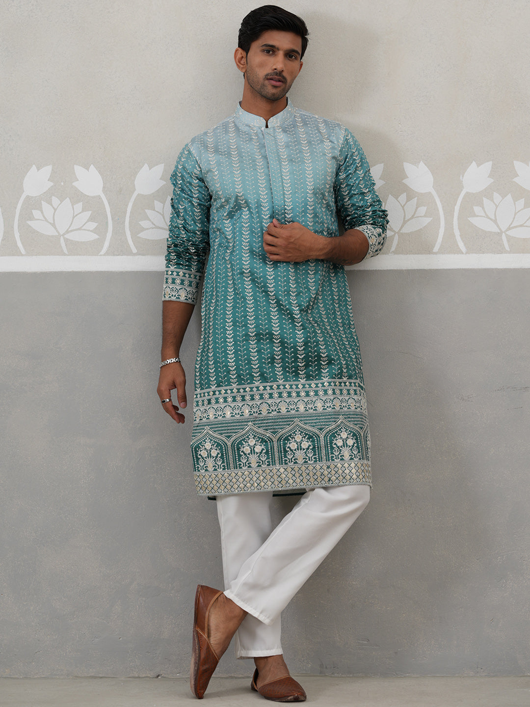 DesiQlo Men Embroidered Kurta Pyjama Set - Multicolor - JOKP_P_5328Pea