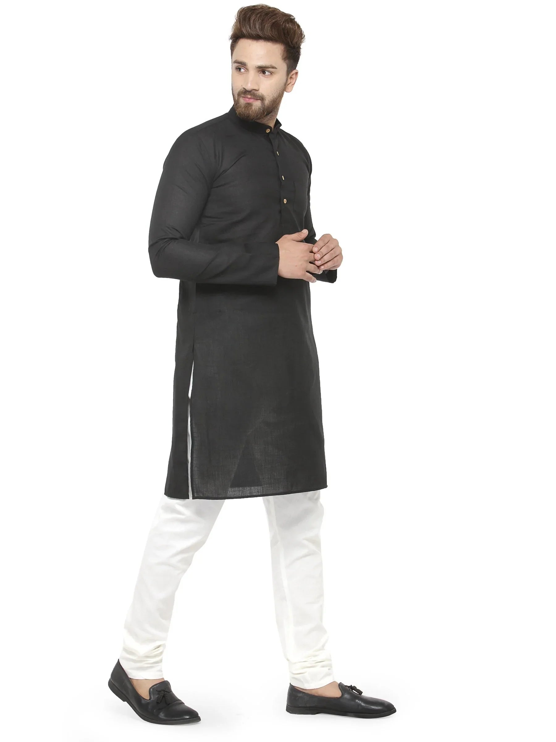 Black & White Solid Kurta with Churidar | Mens Kurta Pajama Set