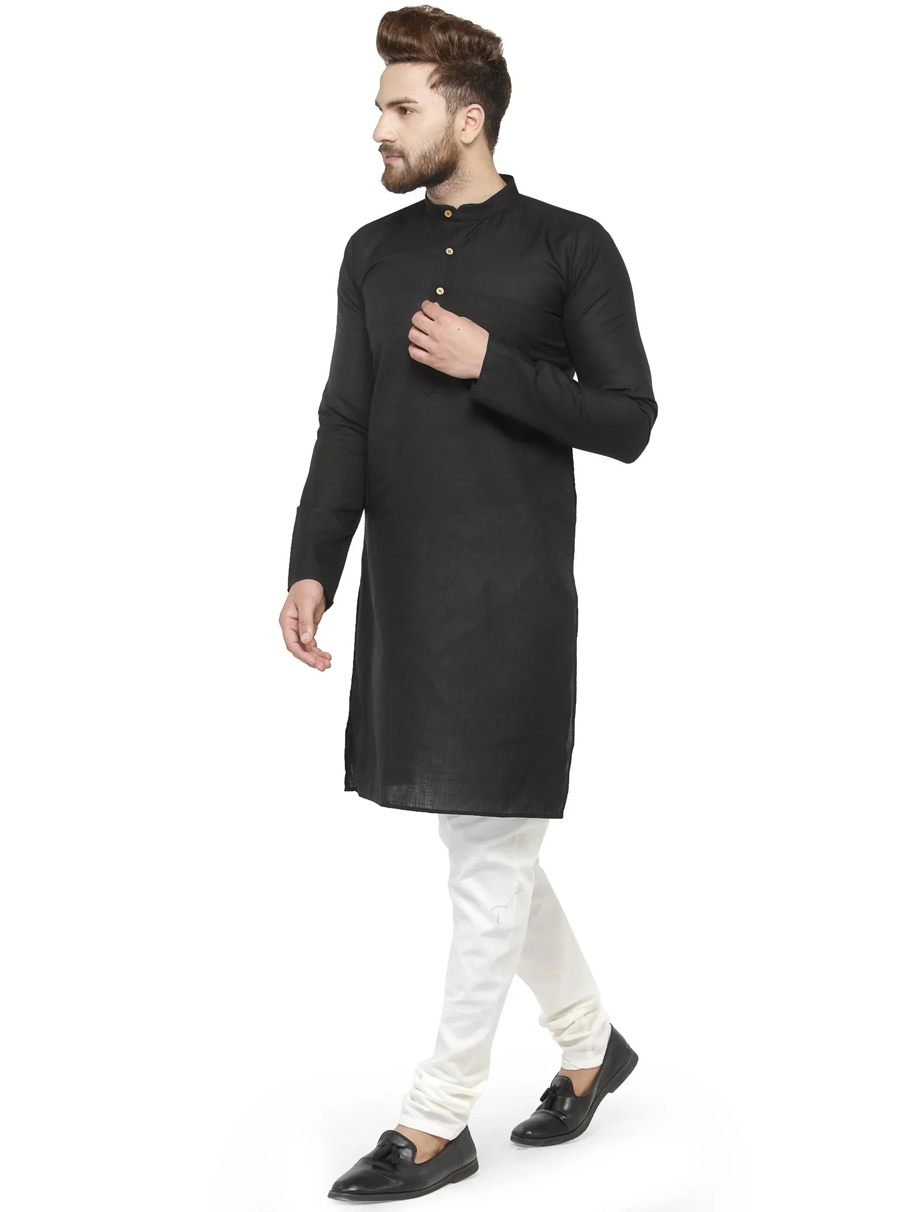 Black & White Solid Kurta with Churidar | Mens Kurta Pajama Set