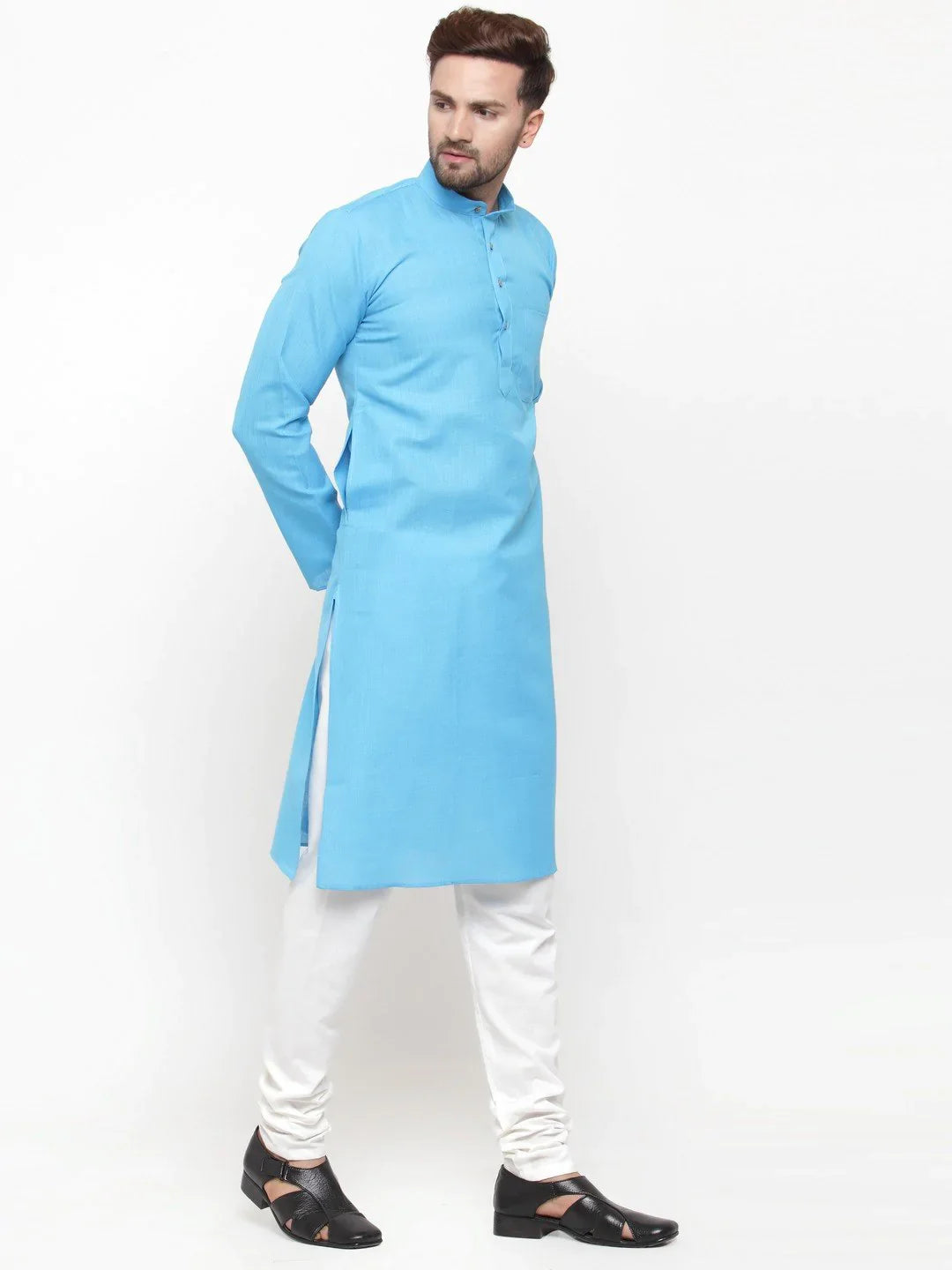 Sky Blue & White Mens Kurta | Short Kurta for Men Online
