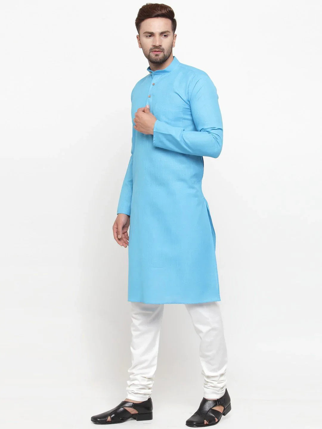 Sky Blue & White Mens Kurta | Short Kurta for Men Online