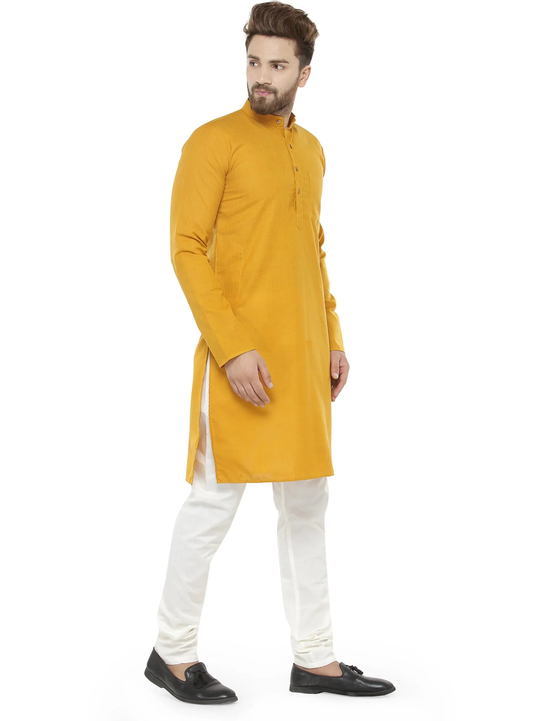 Yellow Kurta Pajama Set - Solid Cotton Mens Kurta Pajama