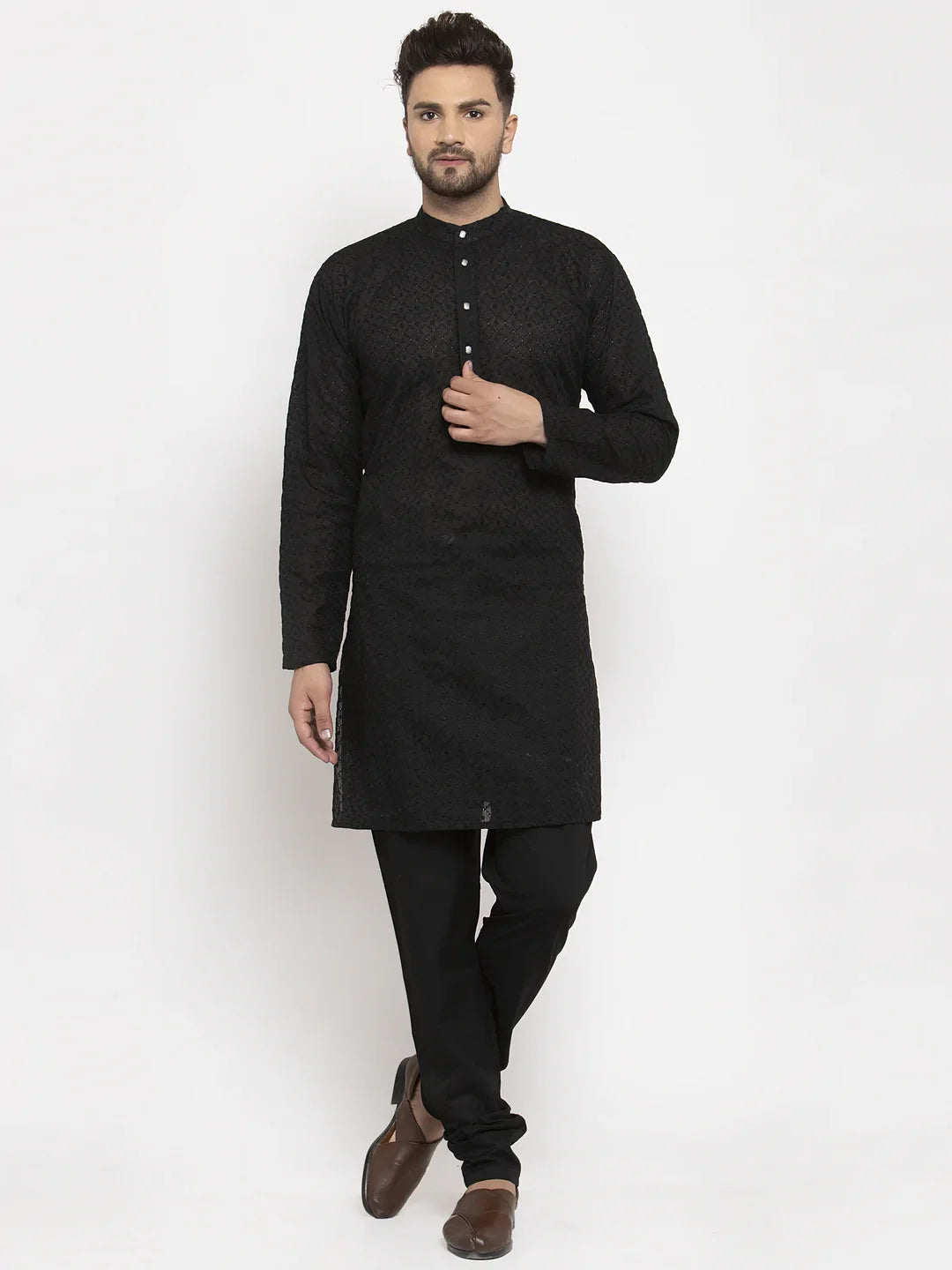 Black Chikan Kurta Pajama Set - Mens Kurta, Cotton Fabric