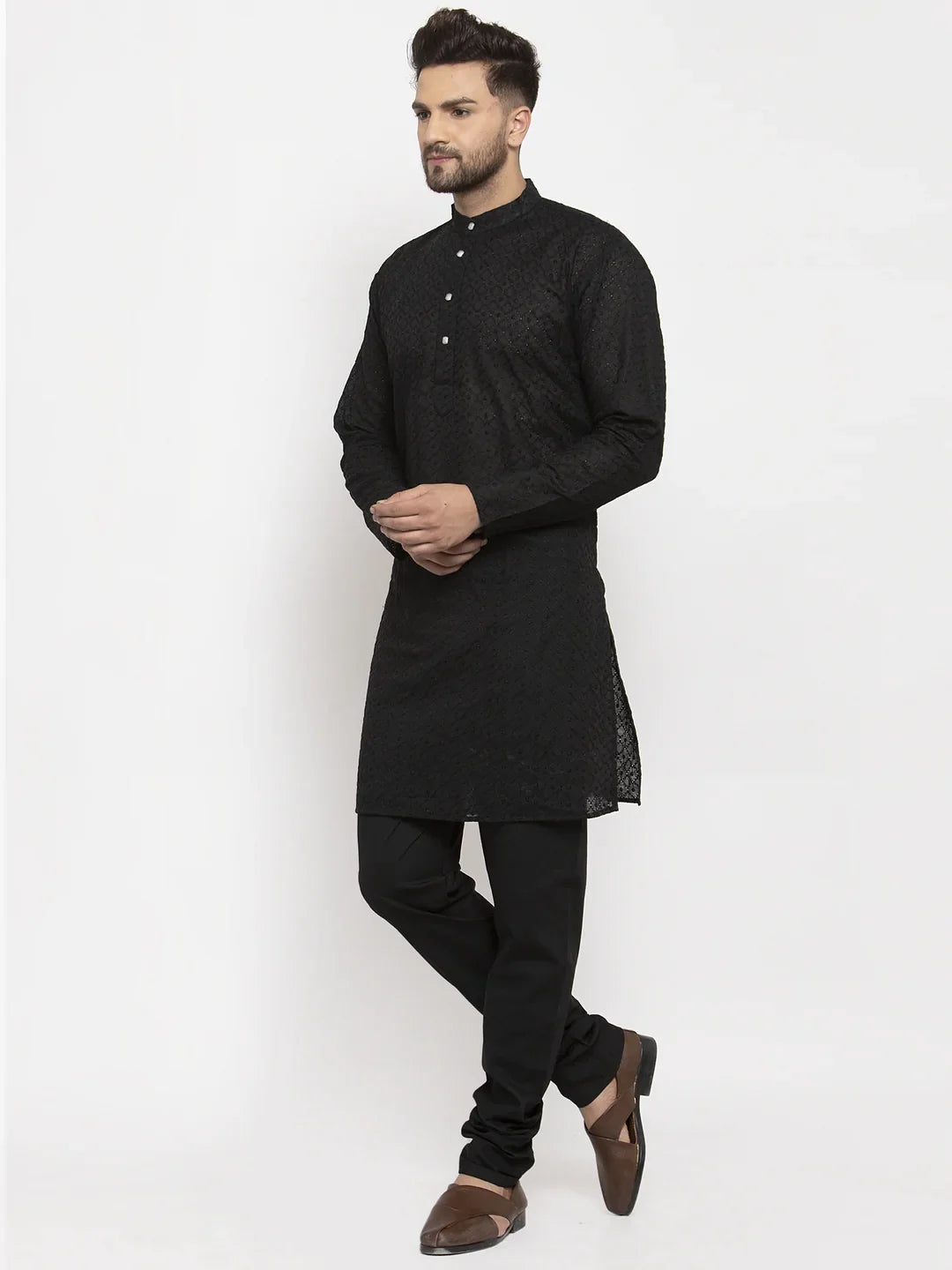Black Chikan Kurta Pajama Set - Mens Kurta, Cotton Fabric