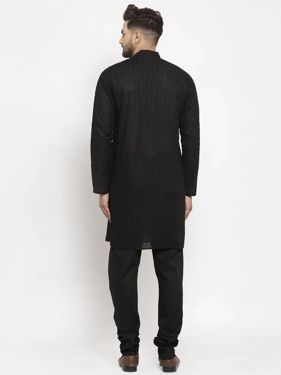 Black Chikan Kurta Pajama Set - Mens Kurta, Cotton Fabric