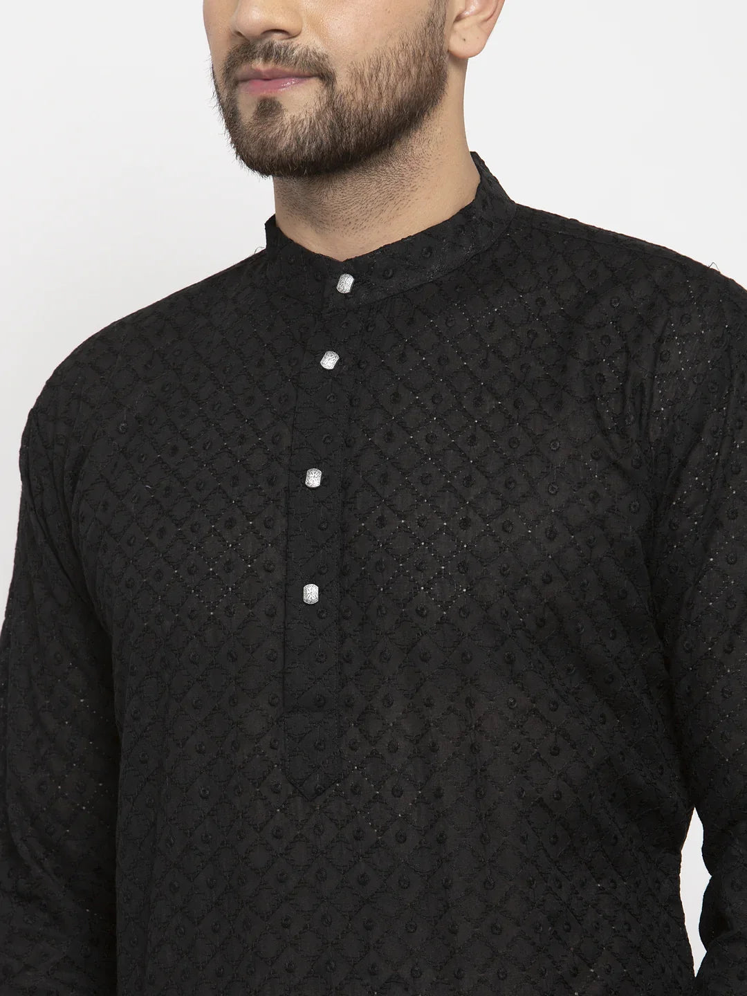Black Chikan Kurta Pajama Set - Mens Kurta, Cotton Fabric