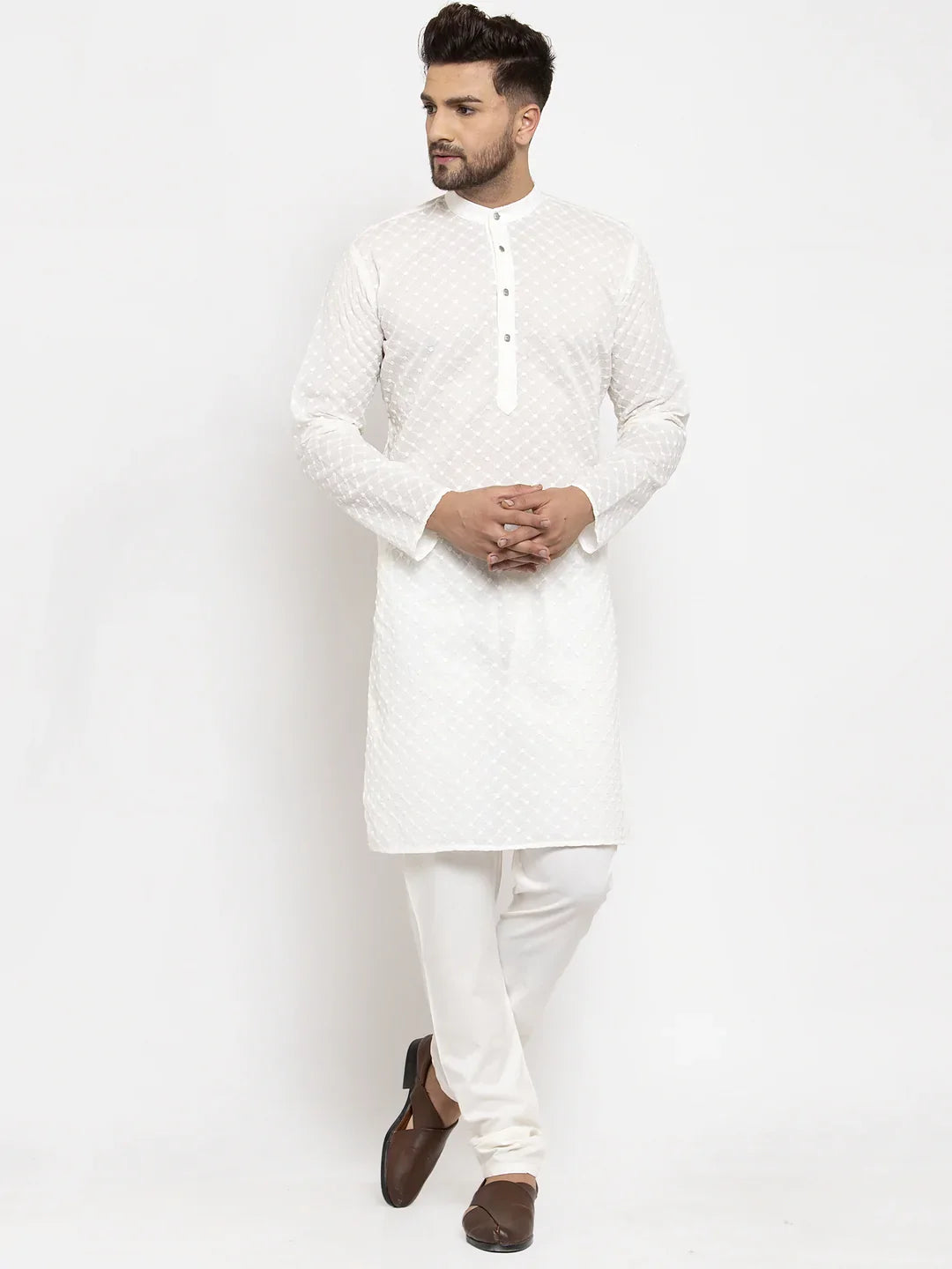 Cream Chikan Kurta Pajama Set - Mens Kurta, Cotton Fabric