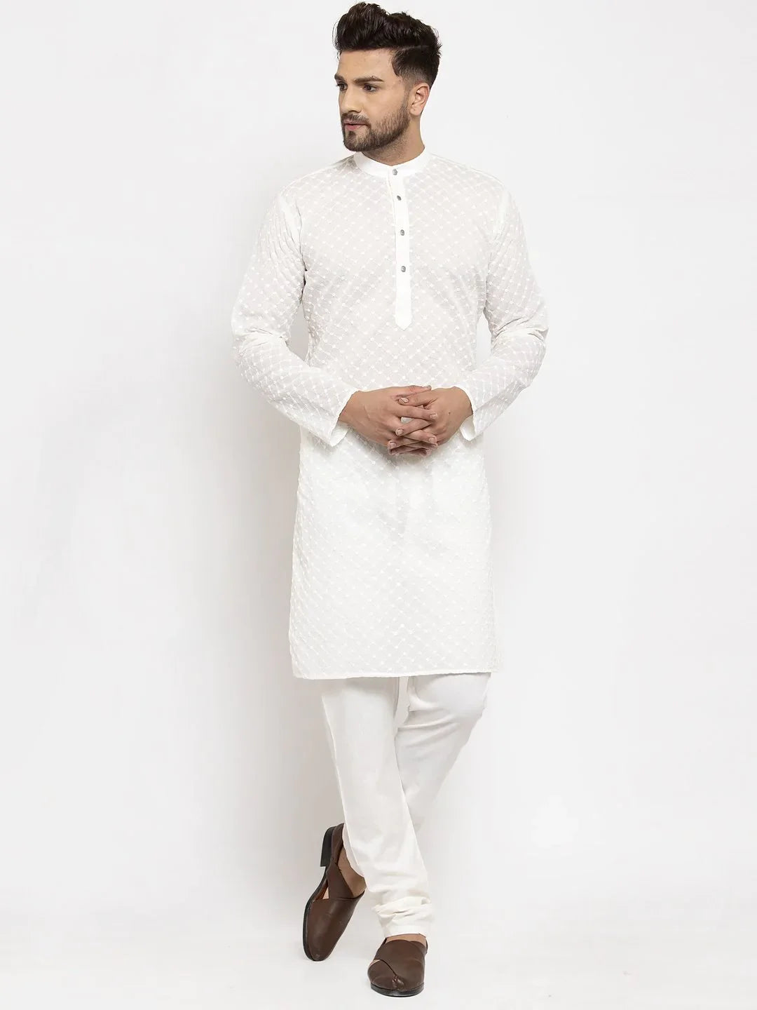 Cream Chikan Mens Kurta - Indian Kurta for Men