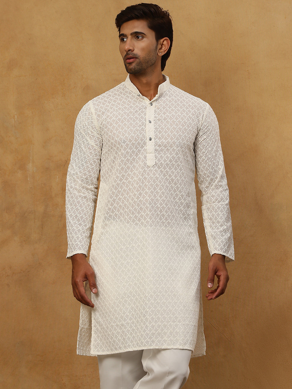 DesiQlo Men Embroidered Kurta Pyjama Set - Beige - JOKP_P_561Cream_S