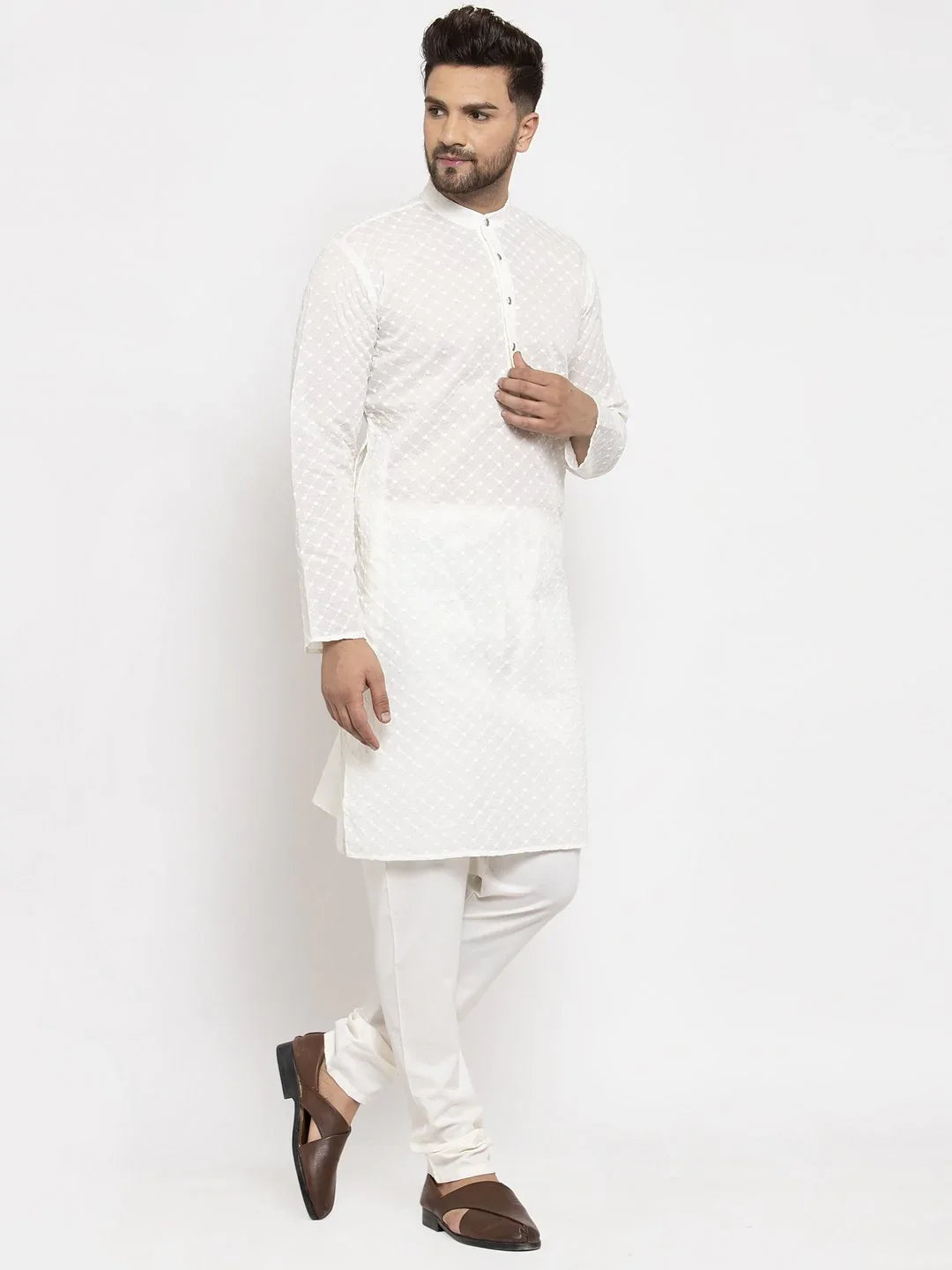 Cream Chikan Mens Kurta - Indian Kurta for Men