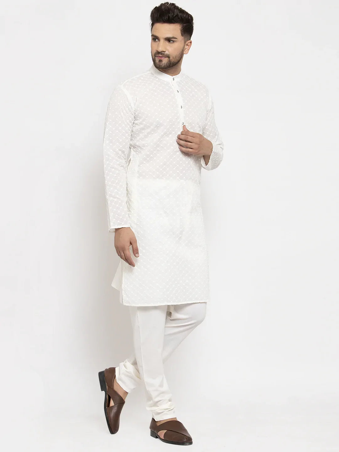 Cream Chikan Kurta Pajama Set - Mens Kurta, Cotton Fabric