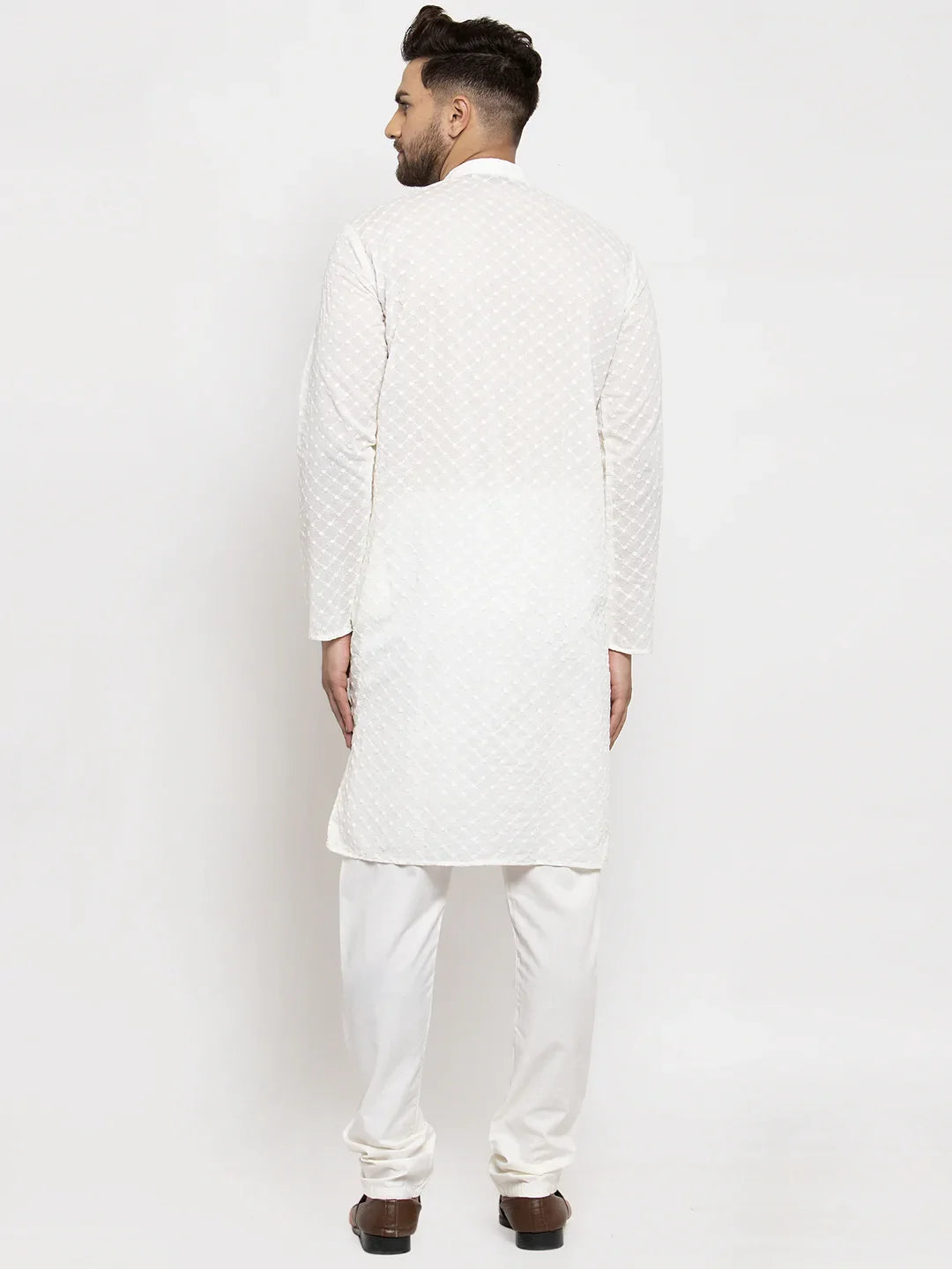 Cream Chikan Kurta Pajama Set - Mens Kurta, Cotton Fabric