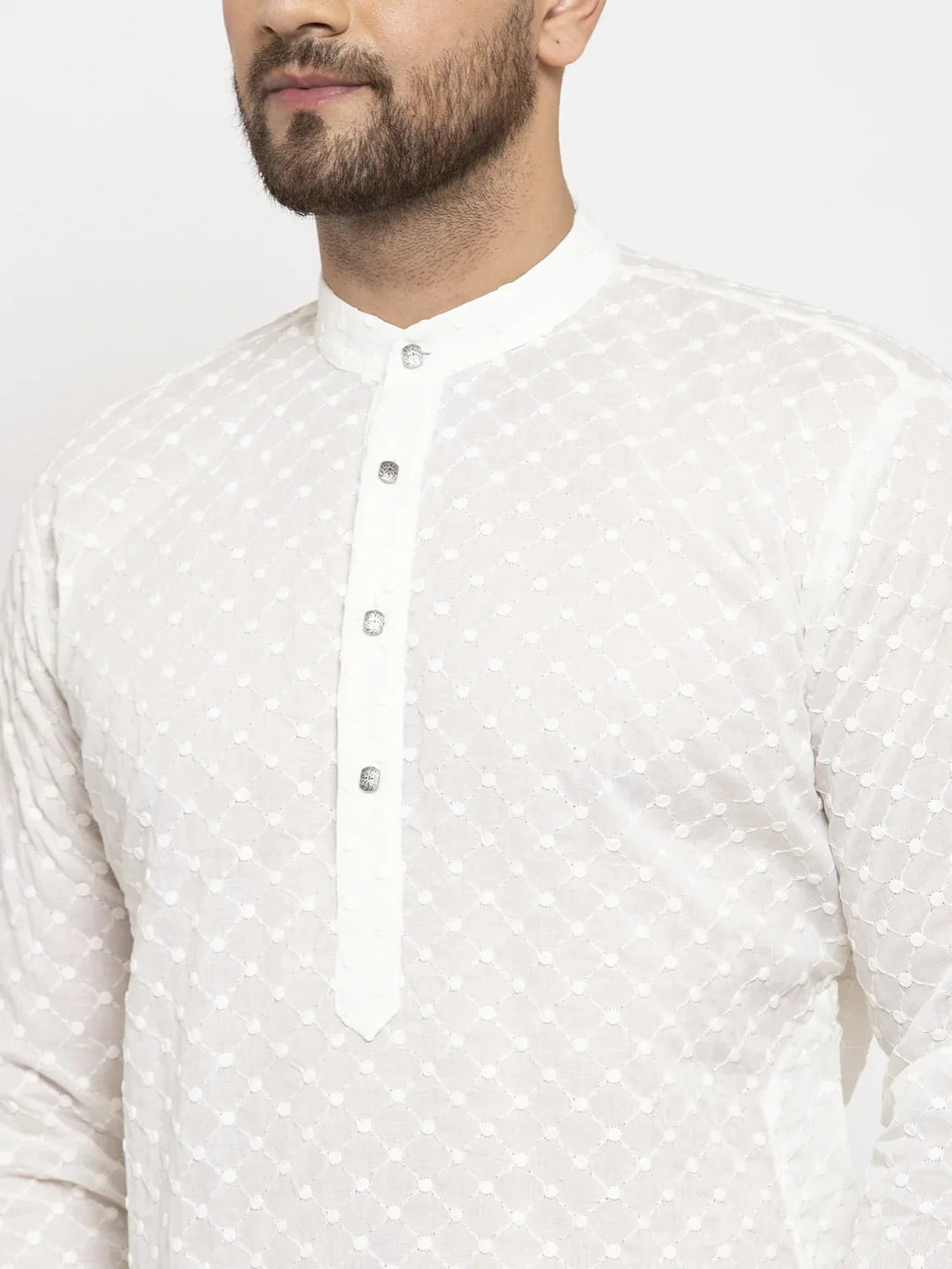 Cream Chikan Kurta Pajama Set - Mens Kurta, Cotton Fabric