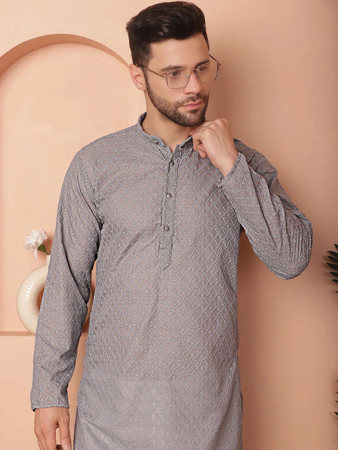 Chikankari Pure Cotton Kurta with Churidar-JOKP-561Grey