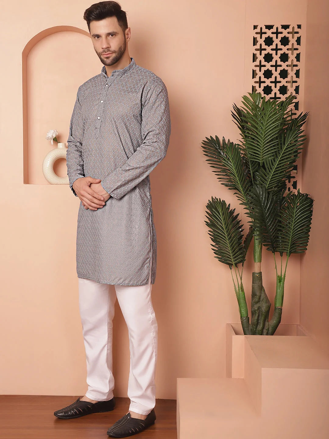 Chikankari Cotton Kurta Pajama Set - Mens Kurta Pajama