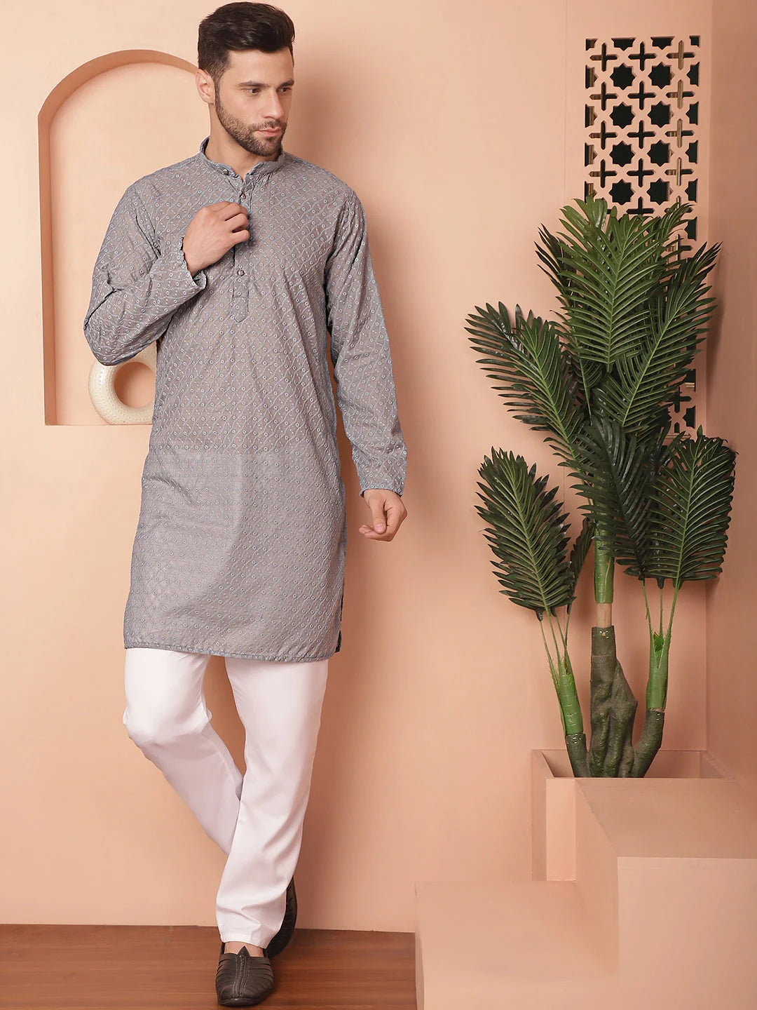 Chikankari Cotton Kurta Pajama Set - Mens Kurta Pajama