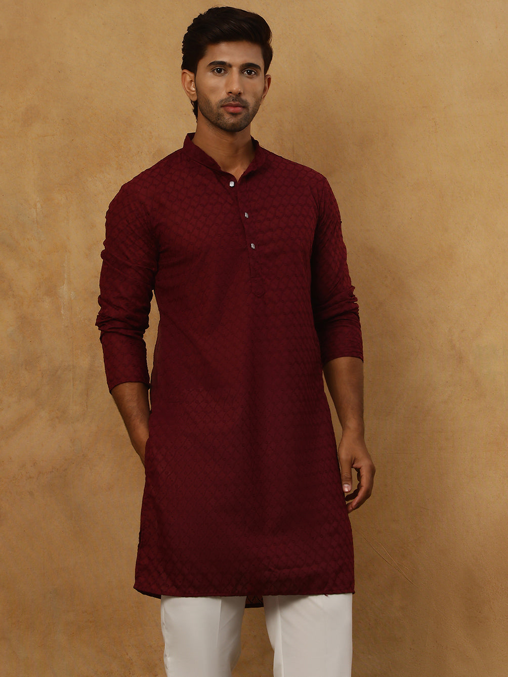 DesiQlo Men Embroidered Kurta Pyjama Set - Maroon - JOKP_P_561Maroon_S