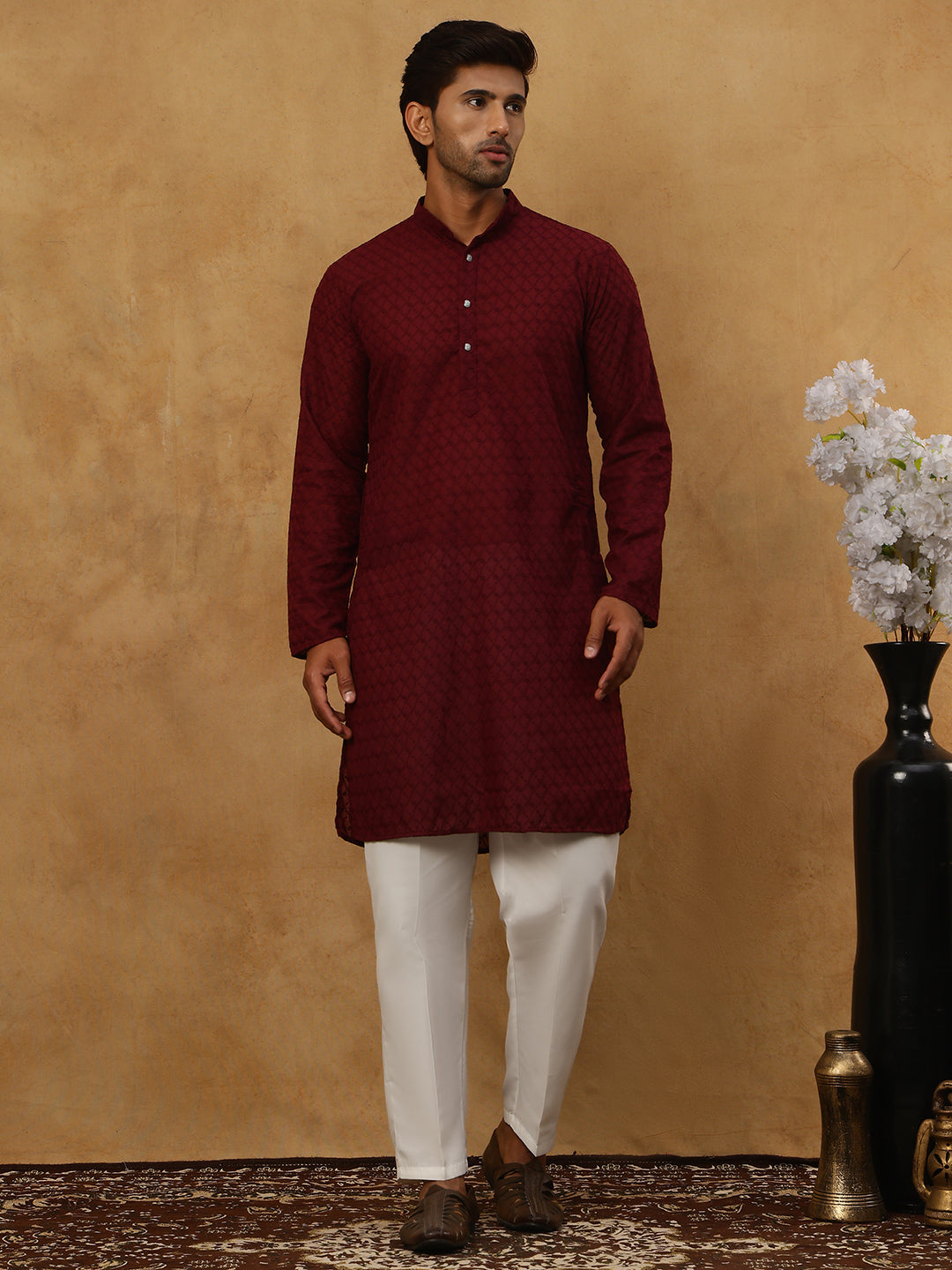 DesiQlo Men Embroidered Kurta Pyjama Set - Maroon - JOKP_P_561Maroon_S