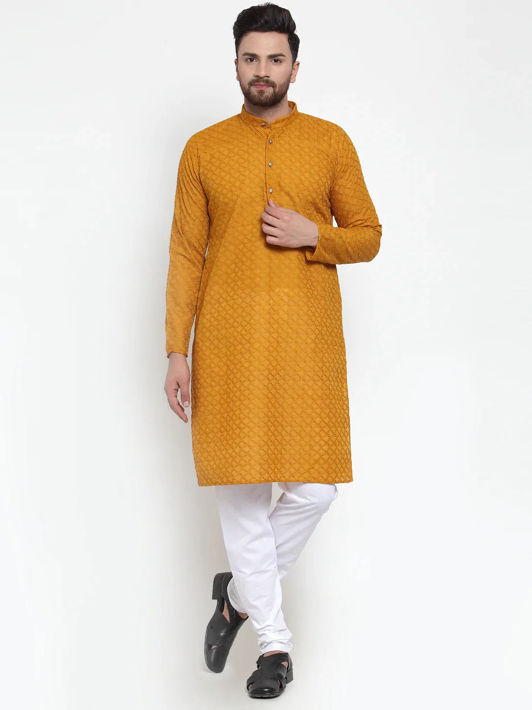 Mustard Chikan Mens Kurta Pajama Set with Churidar | Ethnic Wear
