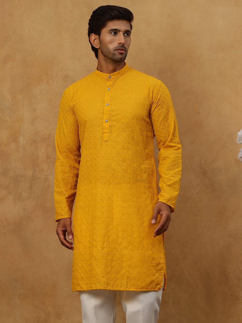 DesiQlo Men Embroidered Kurta Pyjama Set - Yellow - JOKP_P_561Mustard_