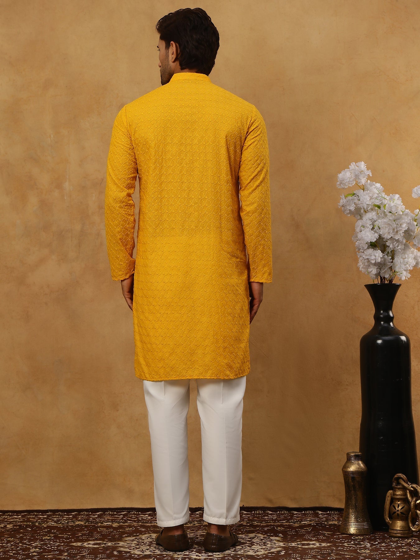 DesiQlo Men Embroidered Kurta Pyjama Set - Yellow - JOKP_P_561Mustard_