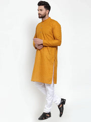Men Mustard Chikan Kurta with Churidar ( JOKP 561 Mustard )-JOKP-561