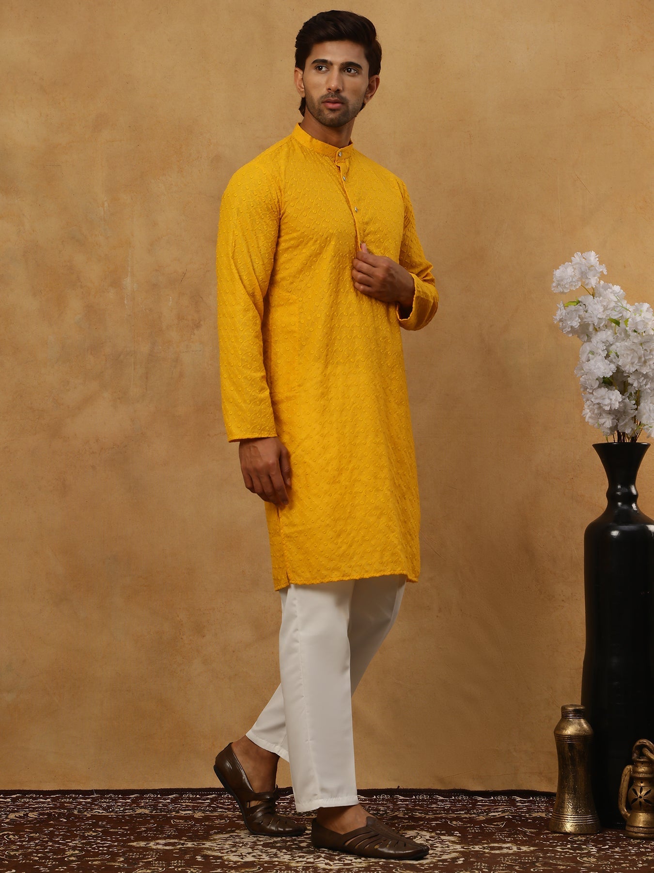 DesiQlo Men Embroidered Kurta Pyjama Set - Yellow - JOKP_P_561Mustard_