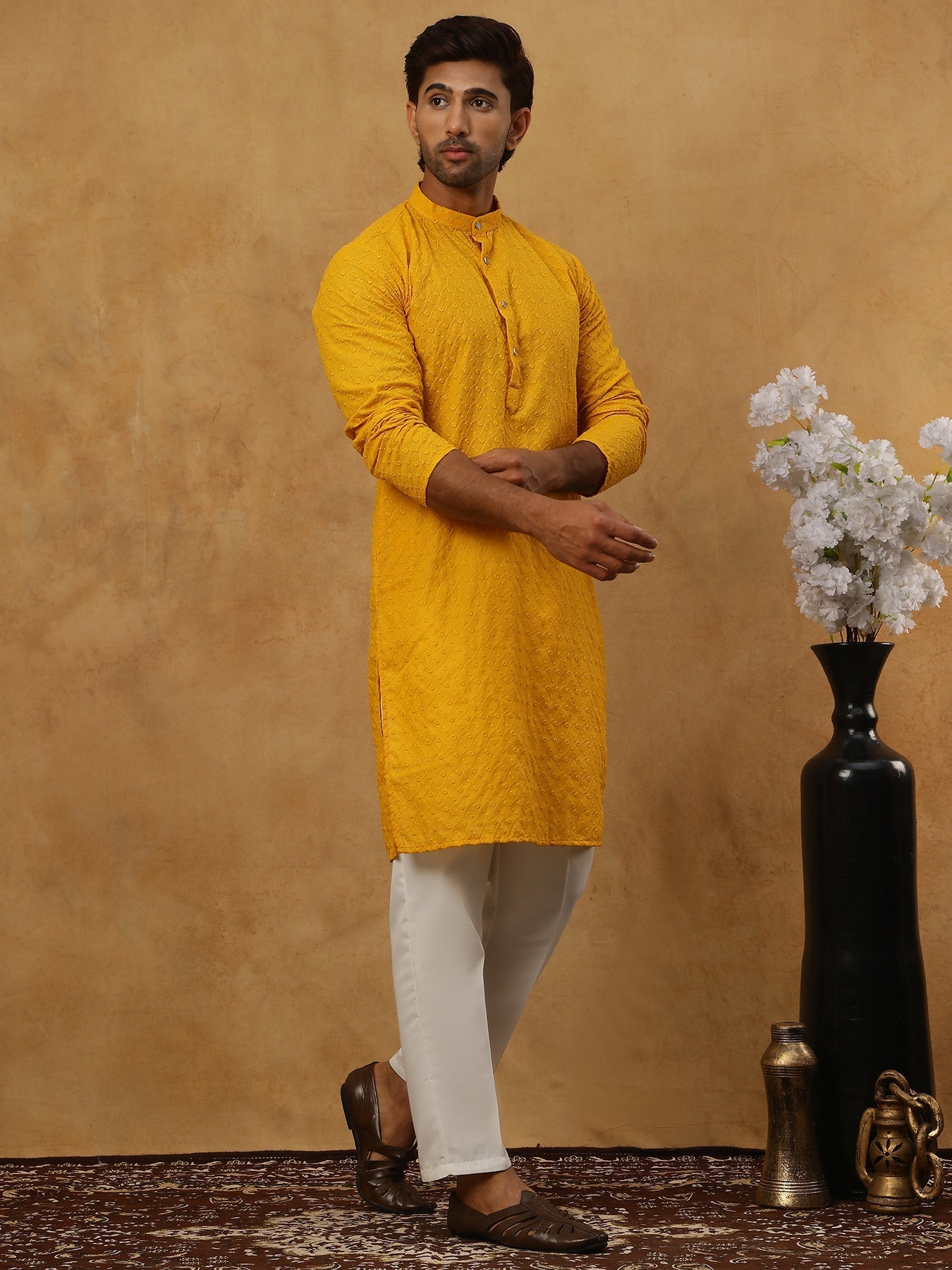 DesiQlo Men Embroidered Kurta Pyjama Set - Yellow - JOKP_P_561Mustard_