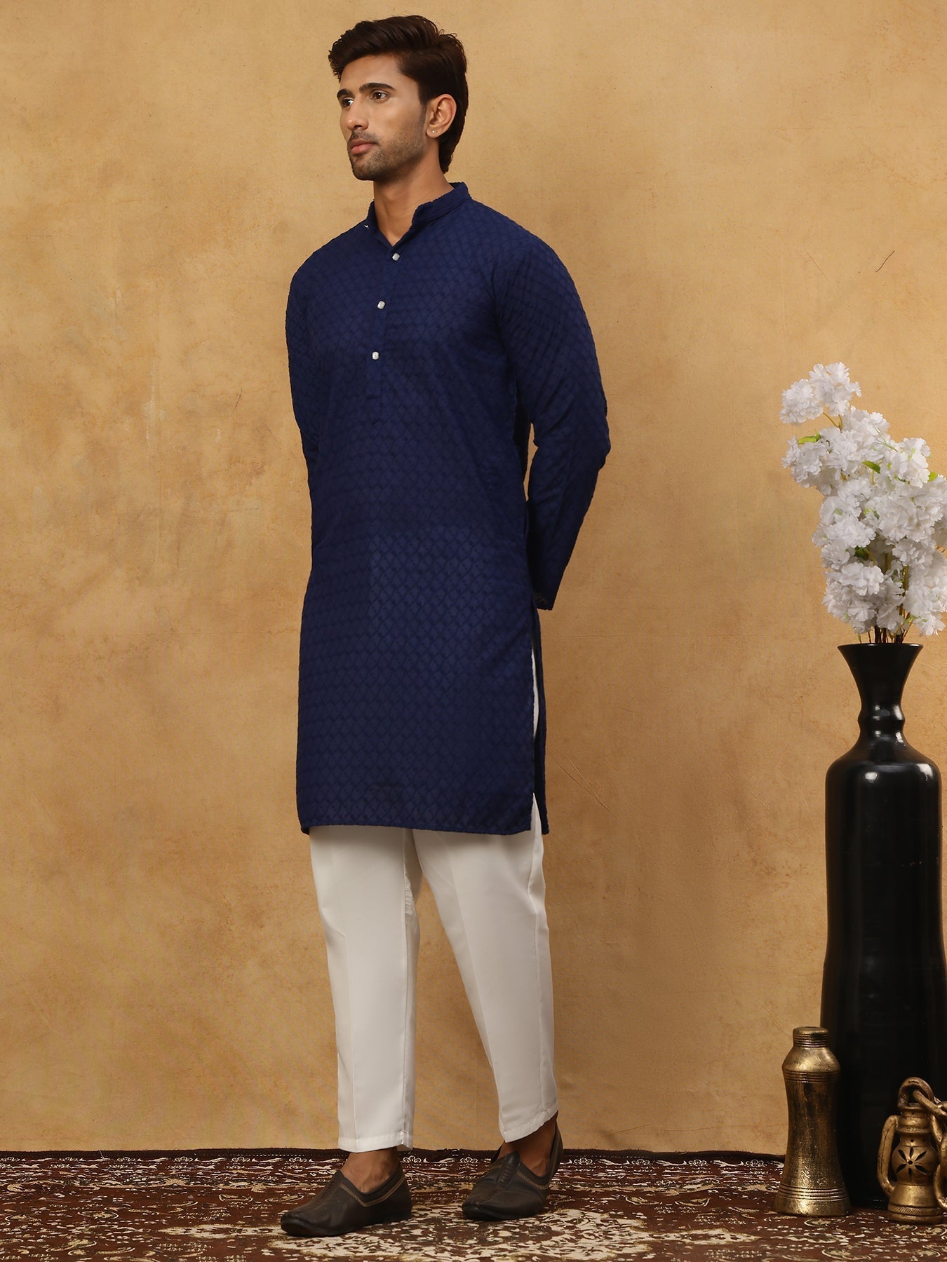 DesiQlo Men Embroidered Kurta Pyjama Set - Blue - JOKP_P_561Navy_S