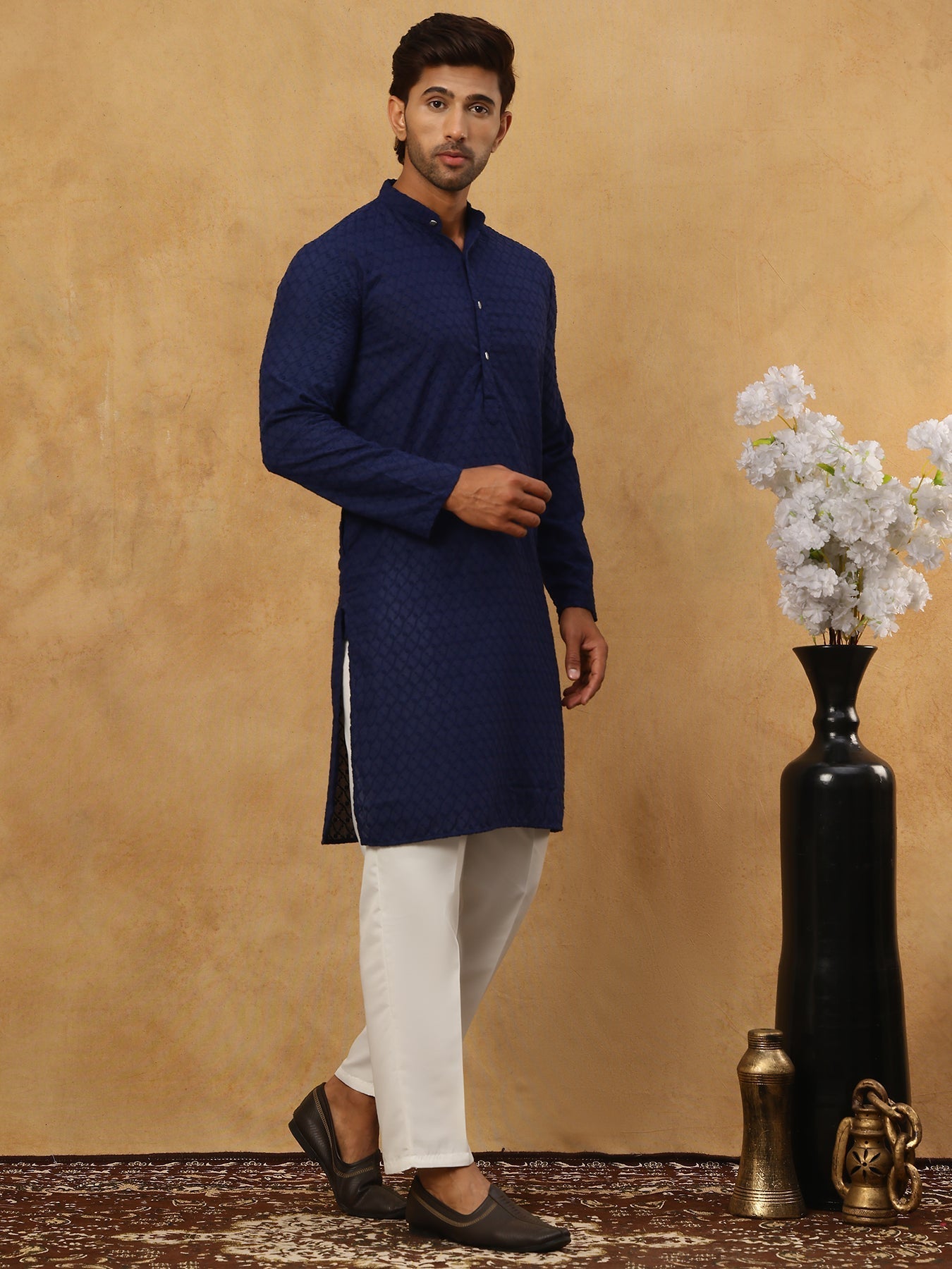 DesiQlo Men Embroidered Kurta Pyjama Set - Blue - JOKP_P_561Navy_S