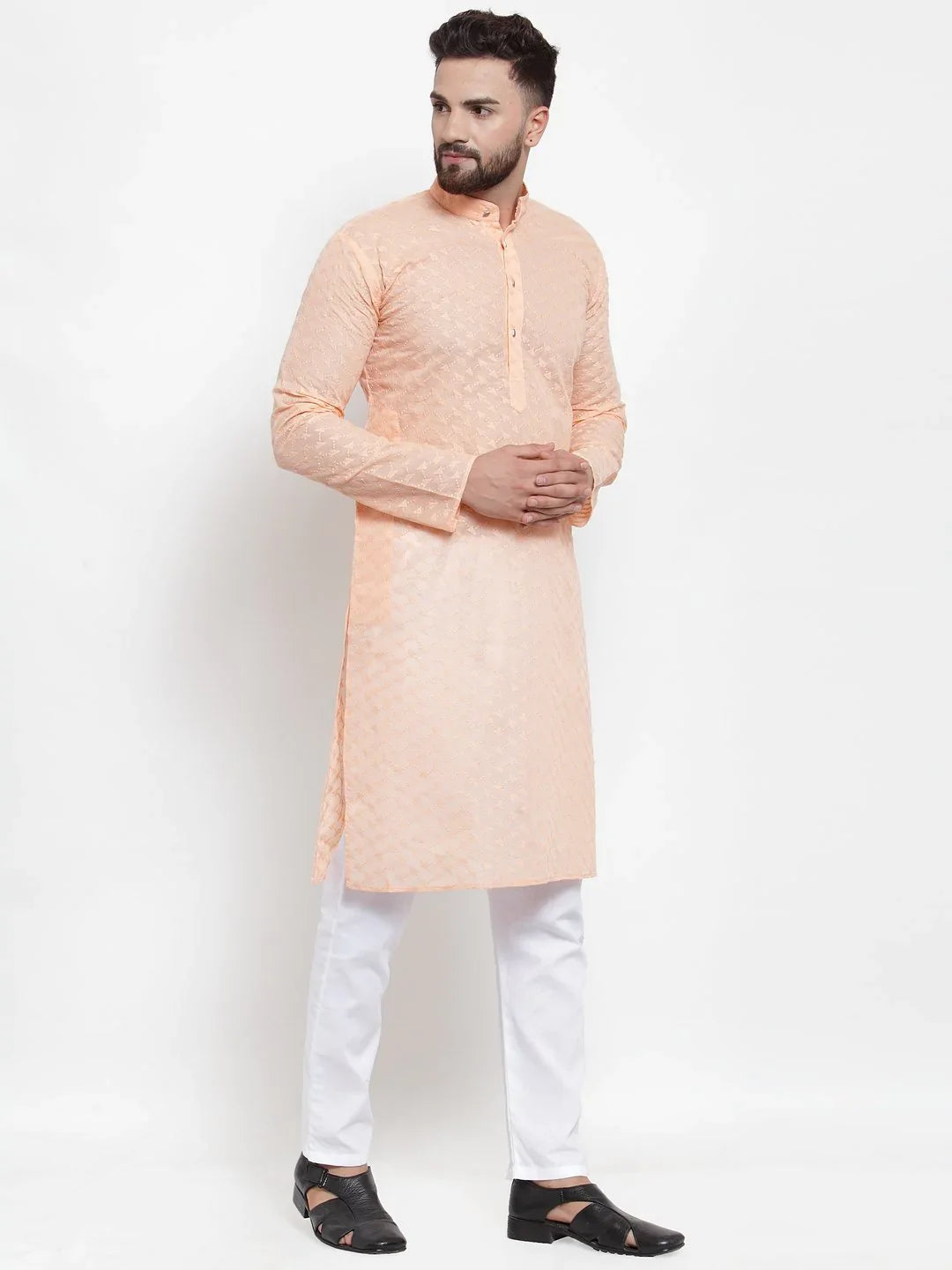 Orange Chikan Indian Kurta for Men - Mens Kurta