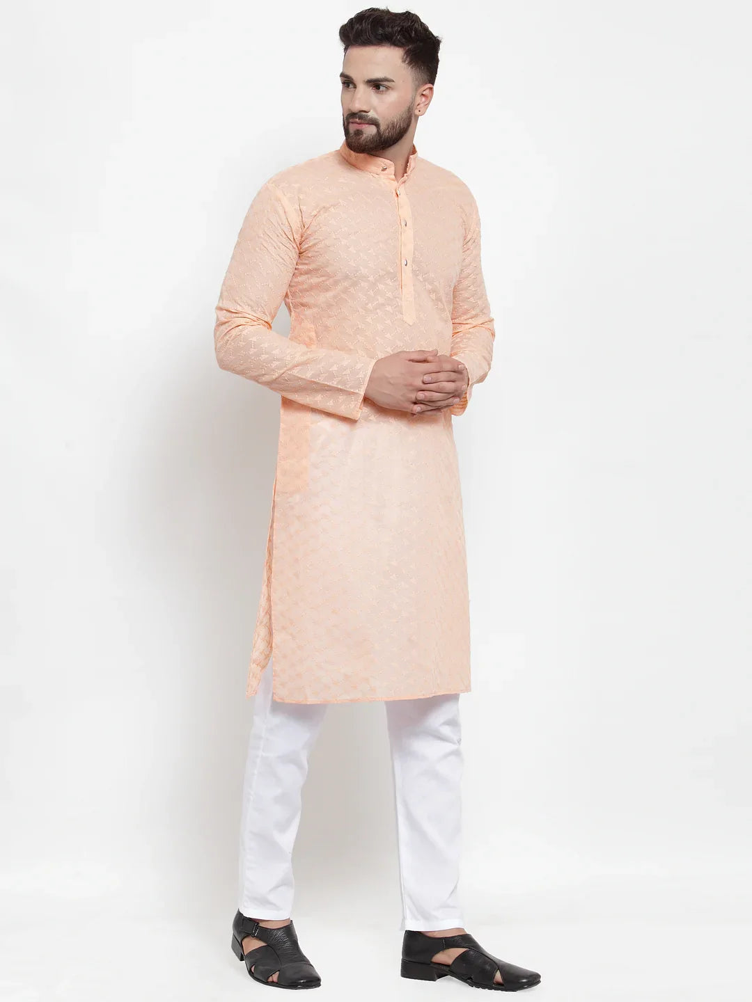 Orange Chikan Mens Kurta Pajama Set with Churidar | Ethnic Wear