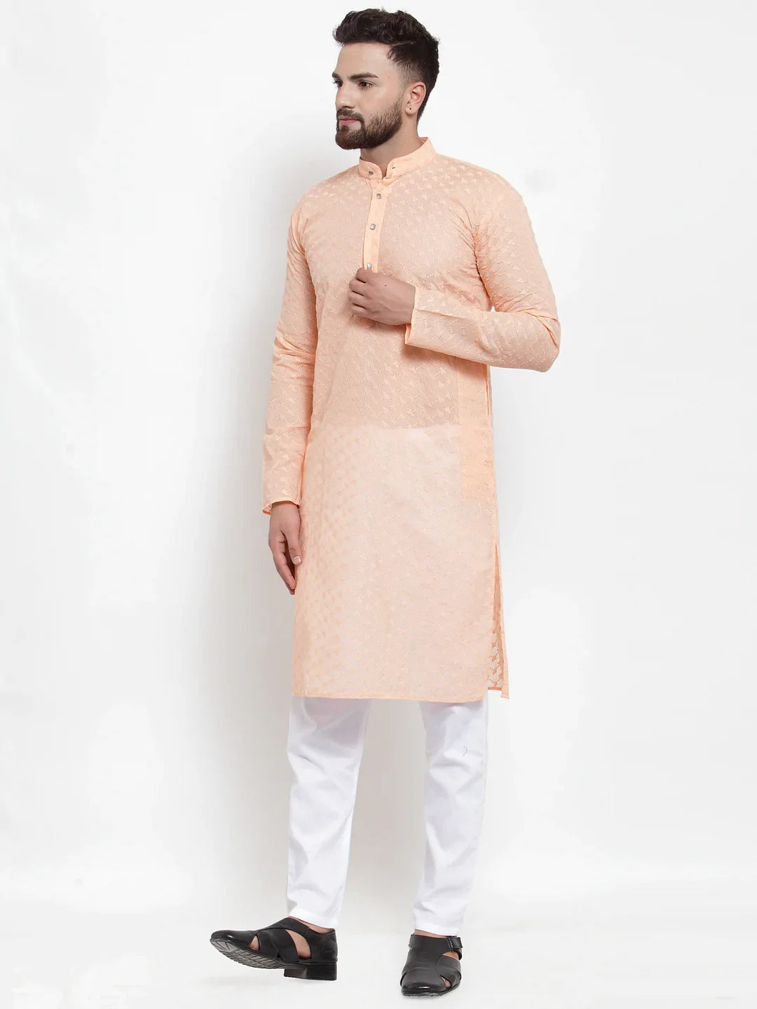 Orange Chikan Mens Kurta Pajama Set with Churidar | Ethnic Wear