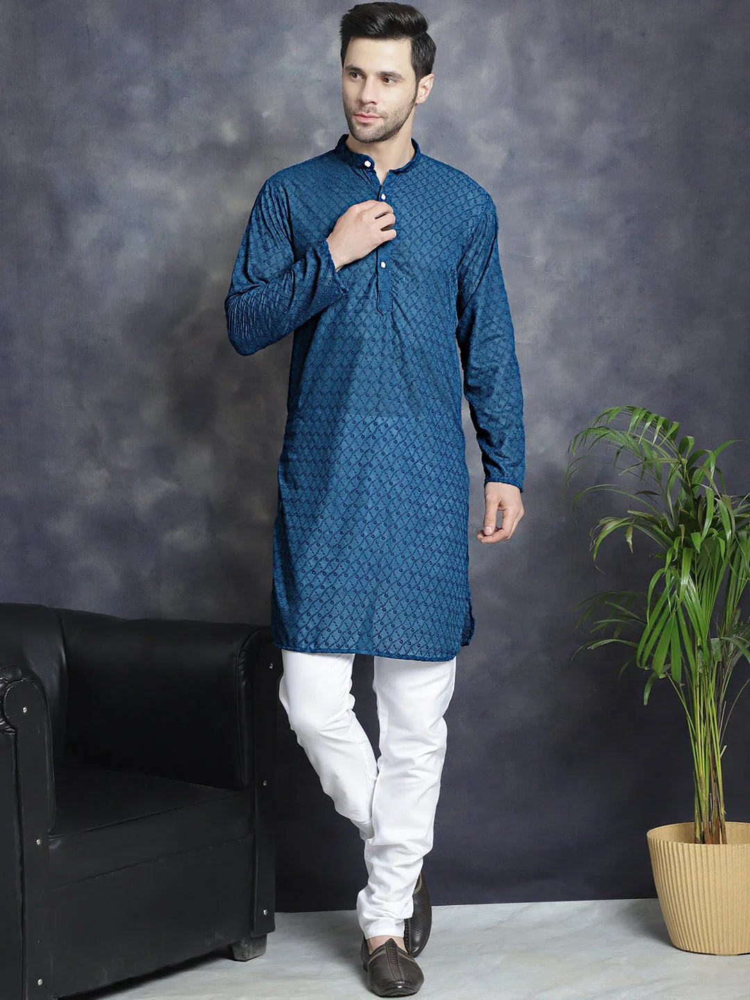 Cotton Embroidered Kurta Pajama Set - Indian Wedding Outfit