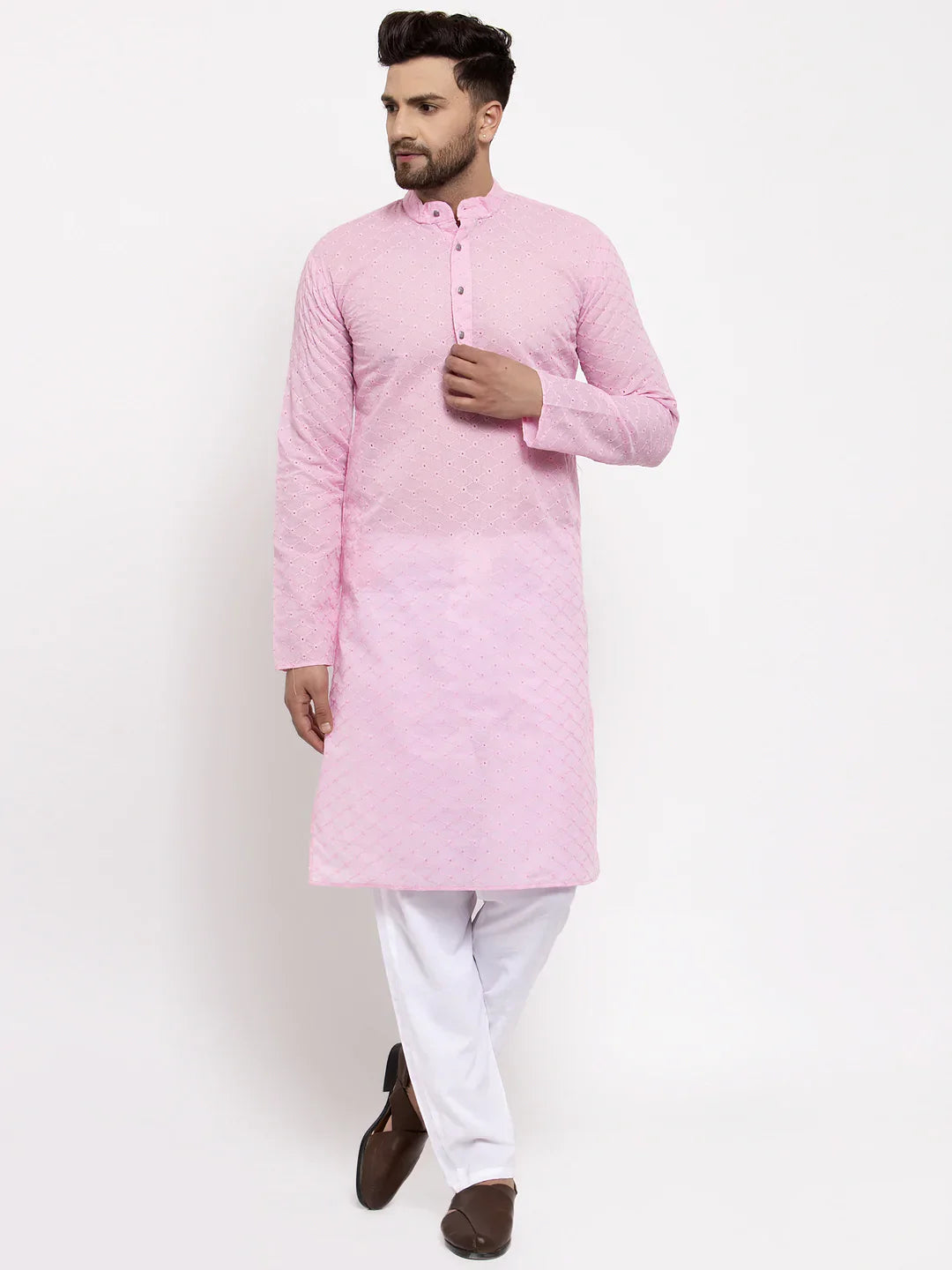 Pink Chikan Kurta Pajama Set - Mens Kurta, Cotton Fabric