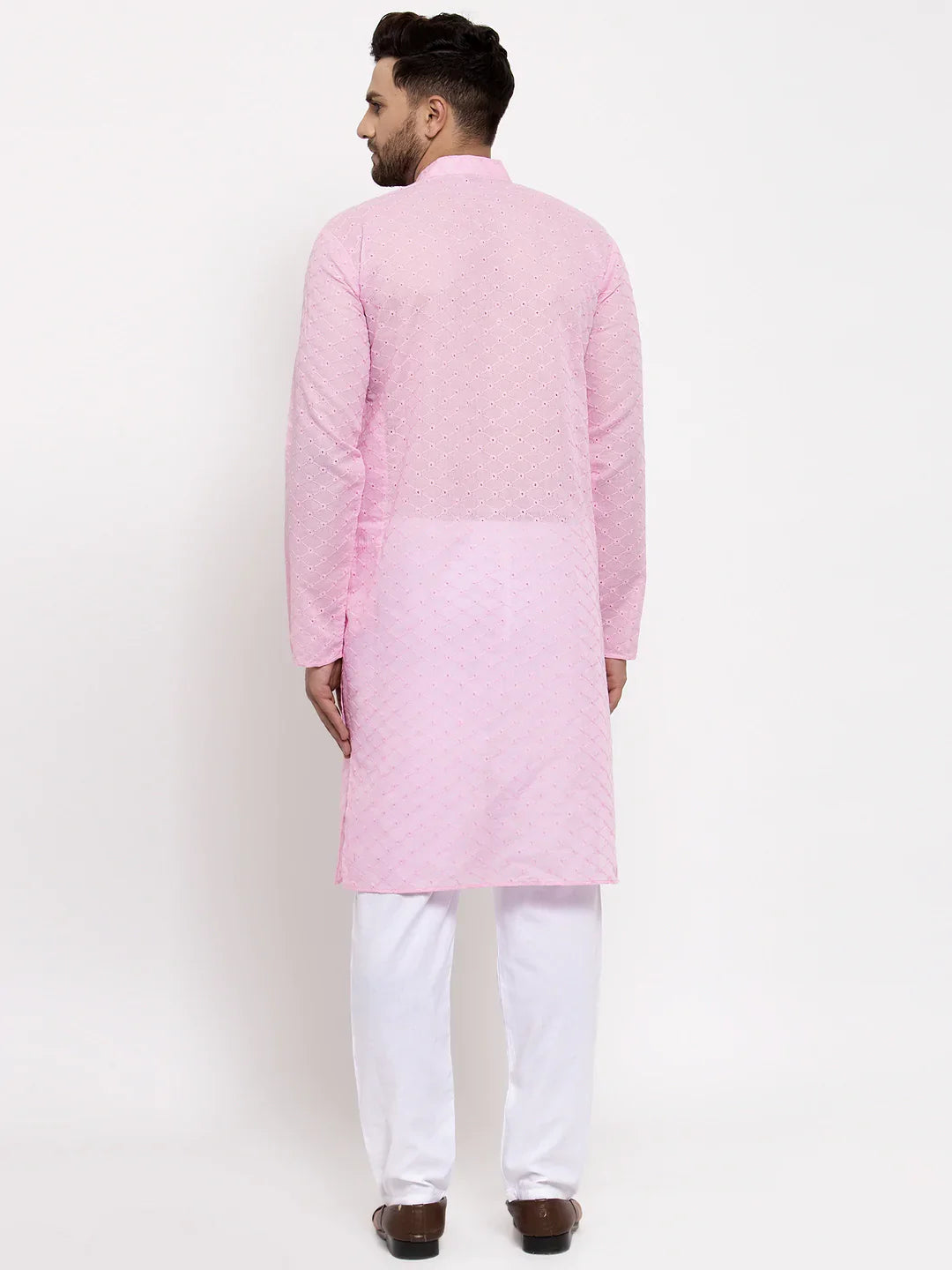 Pink Chikan Kurta Pajama Set - Mens Kurta, Cotton Fabric