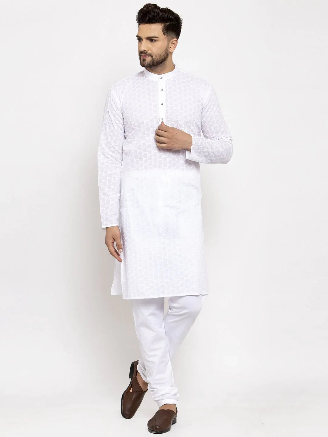 Men White Chikan Kurta - Elegant Wedding Kurta for Men