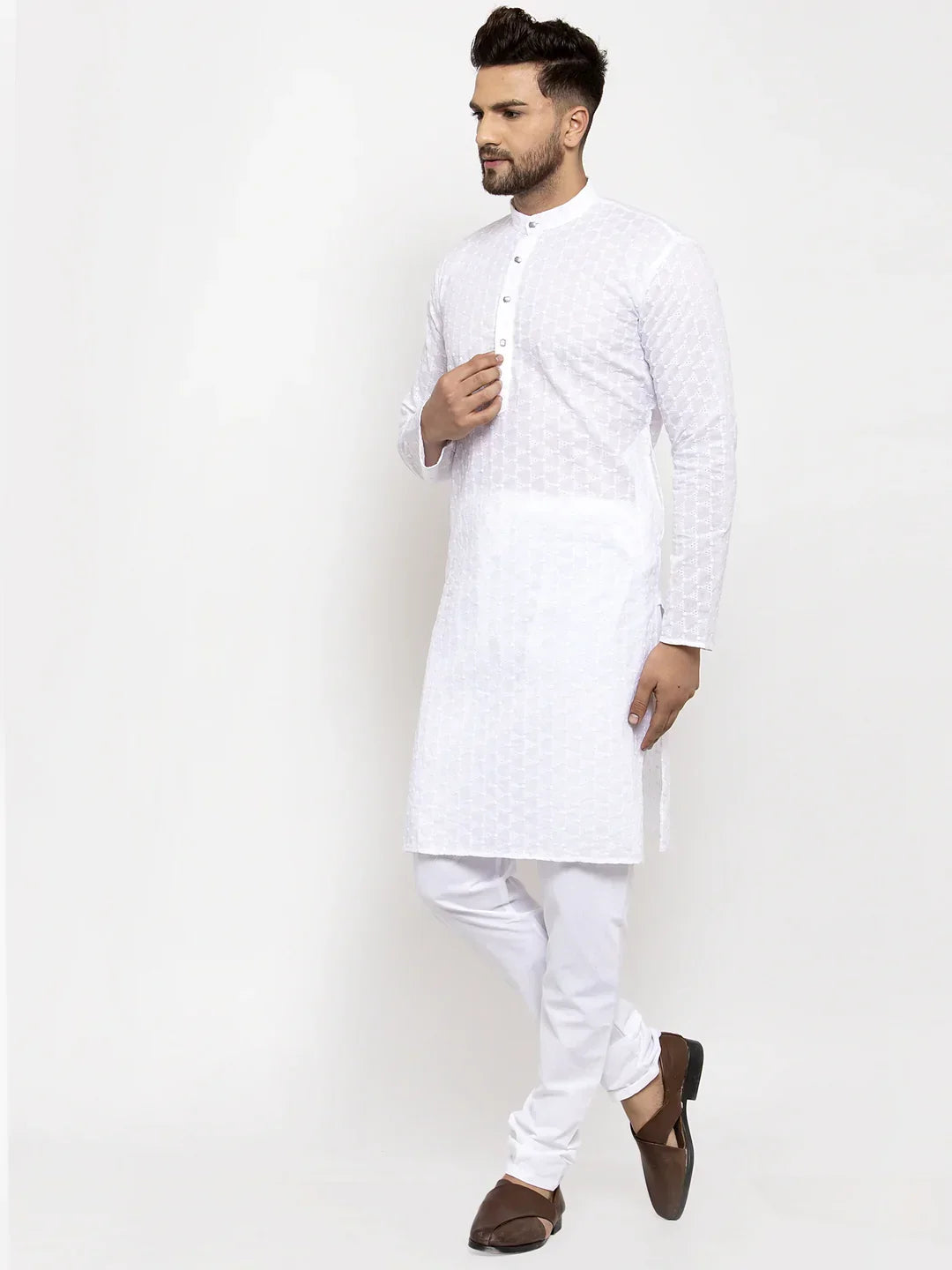 White Embroidered Cotton Kurta Pajama Set - Mens Kurta Pajama