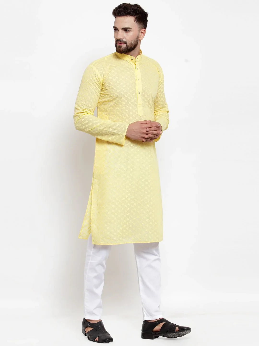 Yellow Chikan Mens Kurta - Short Kurta for Men