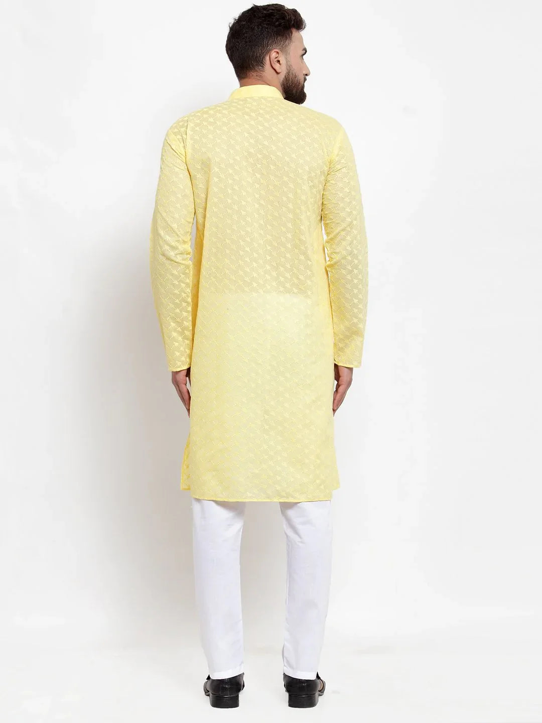 Yellow Chikan Mens Kurta - Short Kurta for Men