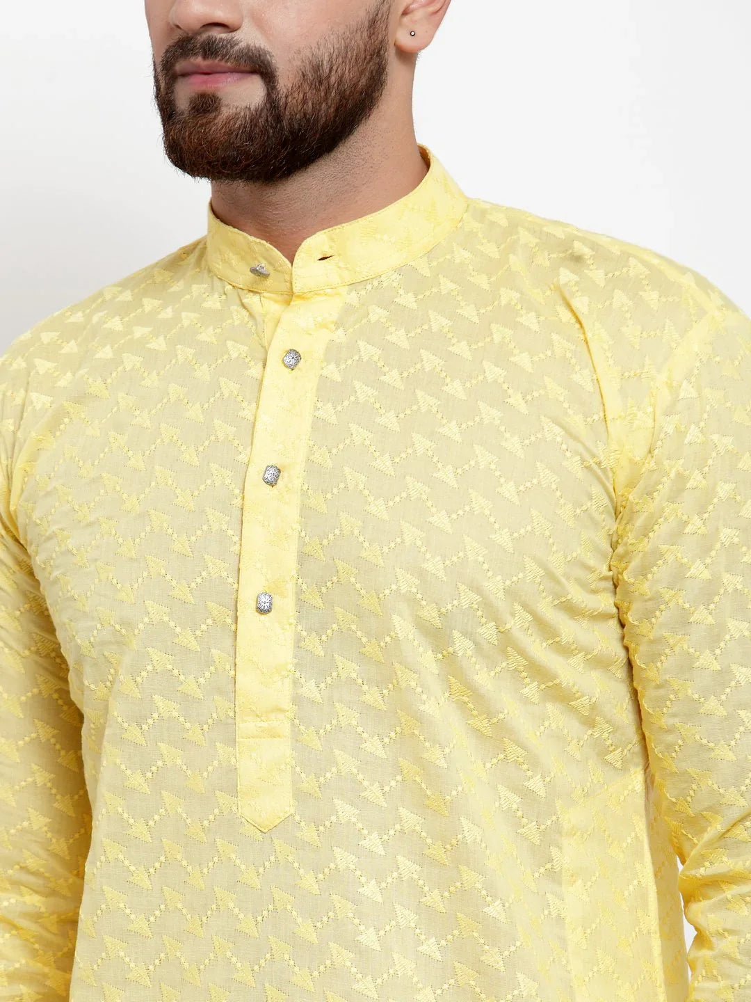 Yellow Chikan Mens Kurta - Short Kurta for Men