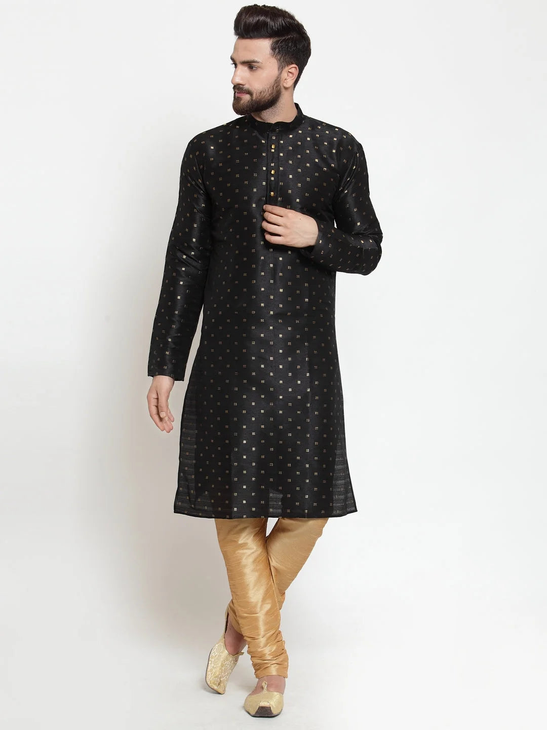 Men's Self Design Kurta with Pyjamas ( JOKP 563Black )-JOKP-563