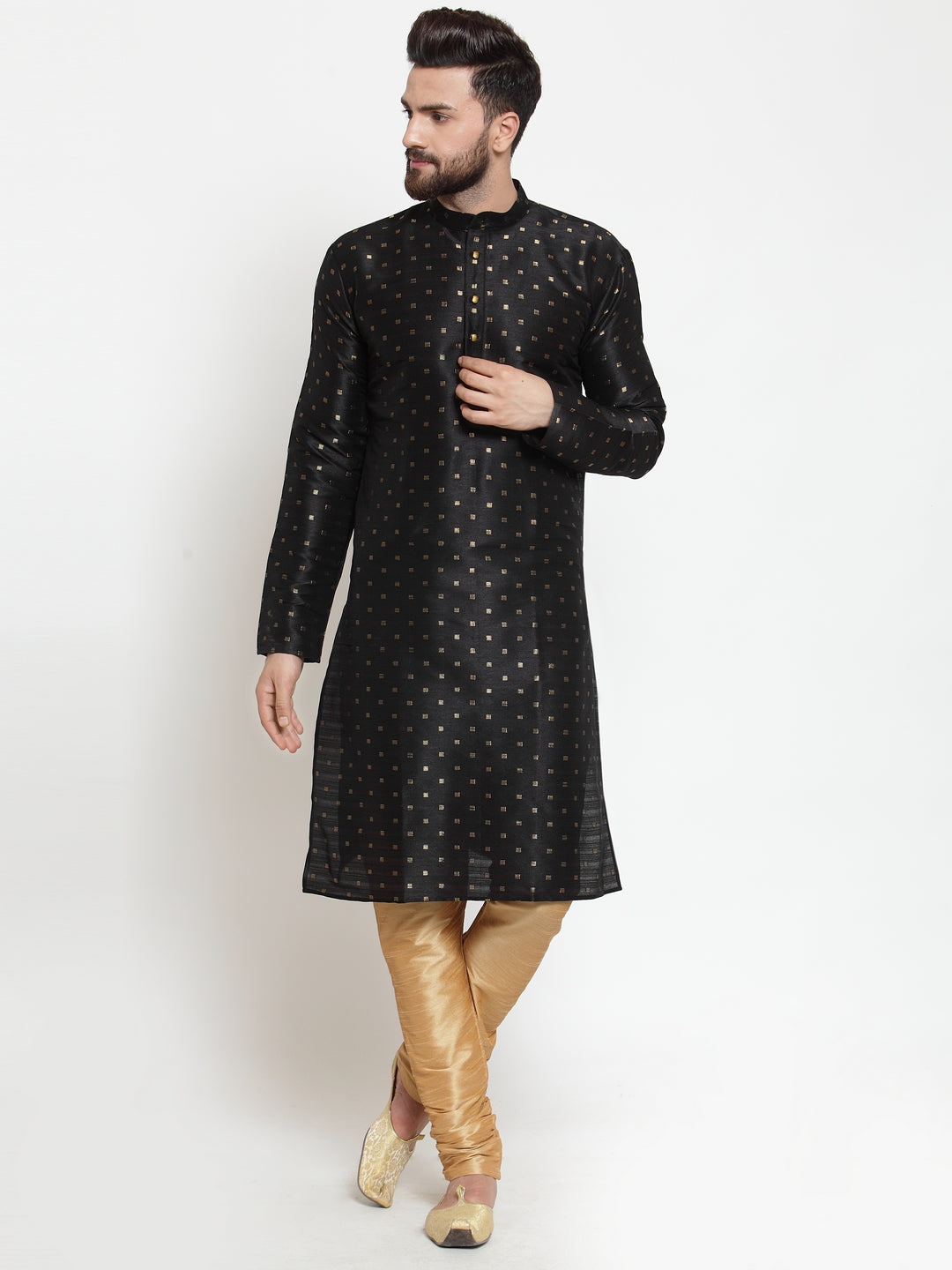 Mens Kurta Pajama Set - Black Solid Cotton Kurta and Pyjamas