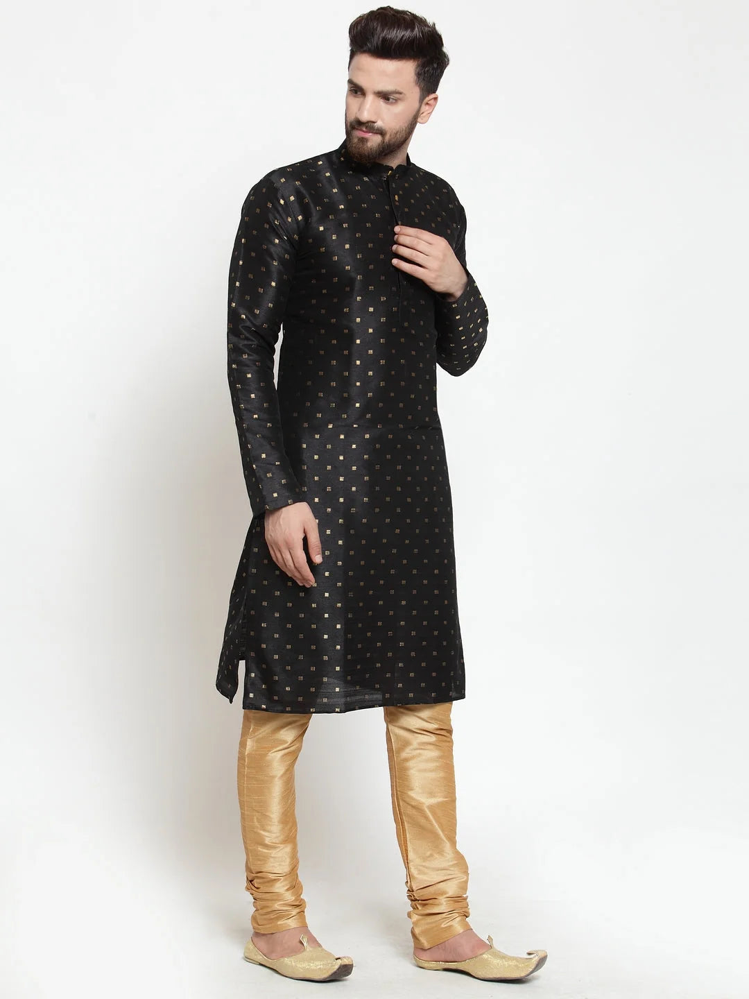 Mens Kurta Pajama Set - Black Solid Cotton Kurta and Pyjamas