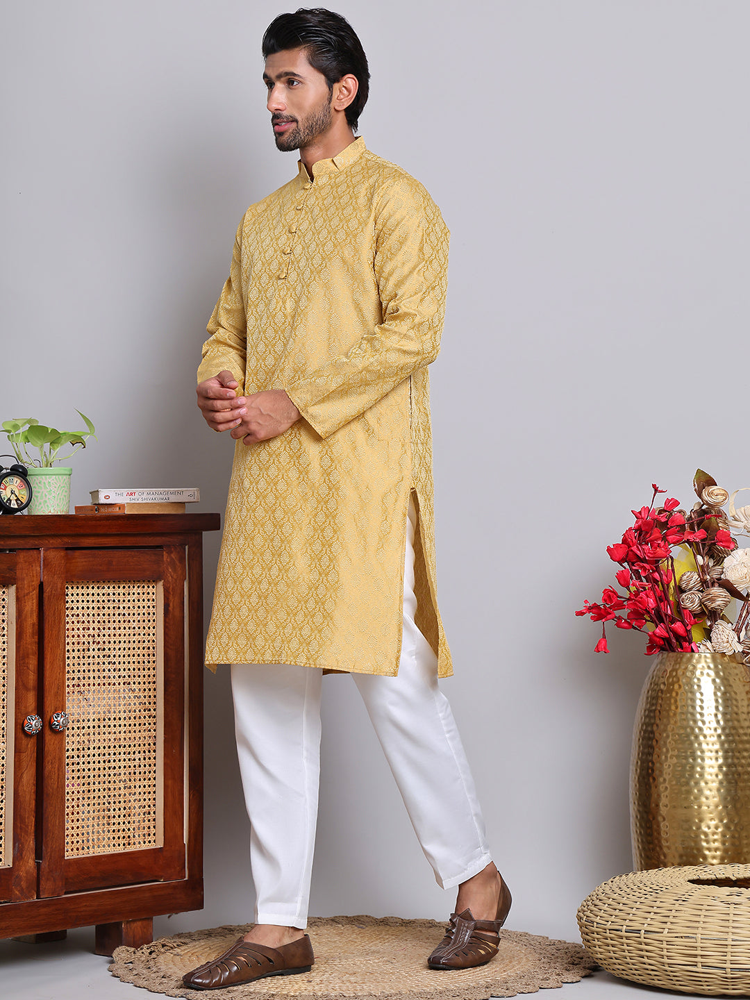 DesiQlo Men Woven Design Kurta Pyjama Set - Gold - NJOKP_P_568Golden_S